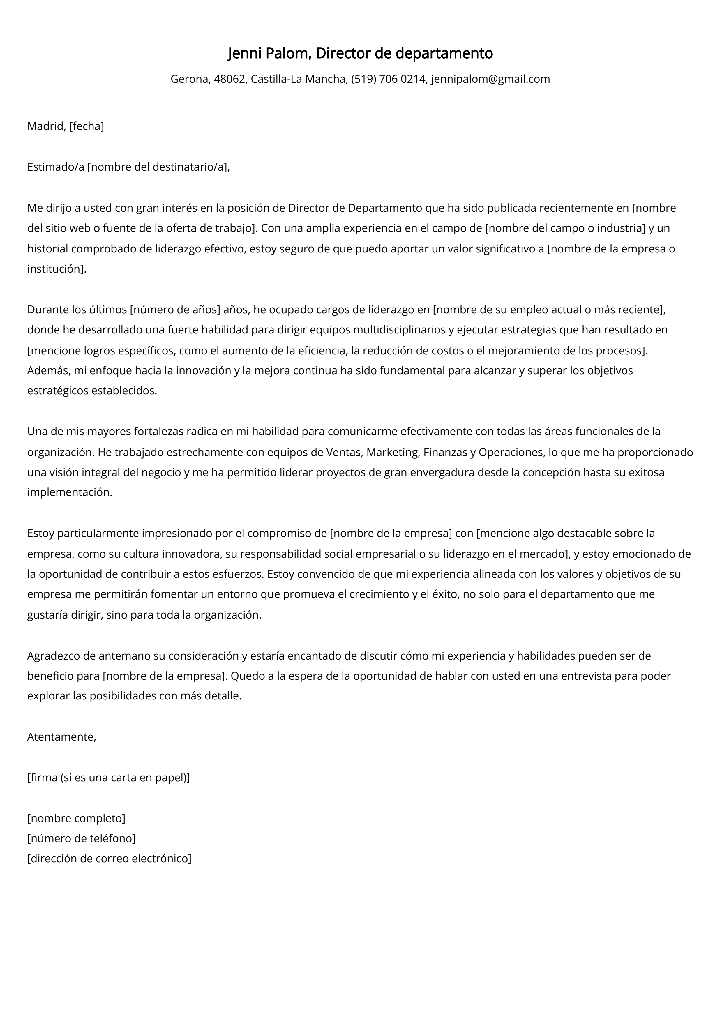 Director de departamento Carta de presentación Ejemplo