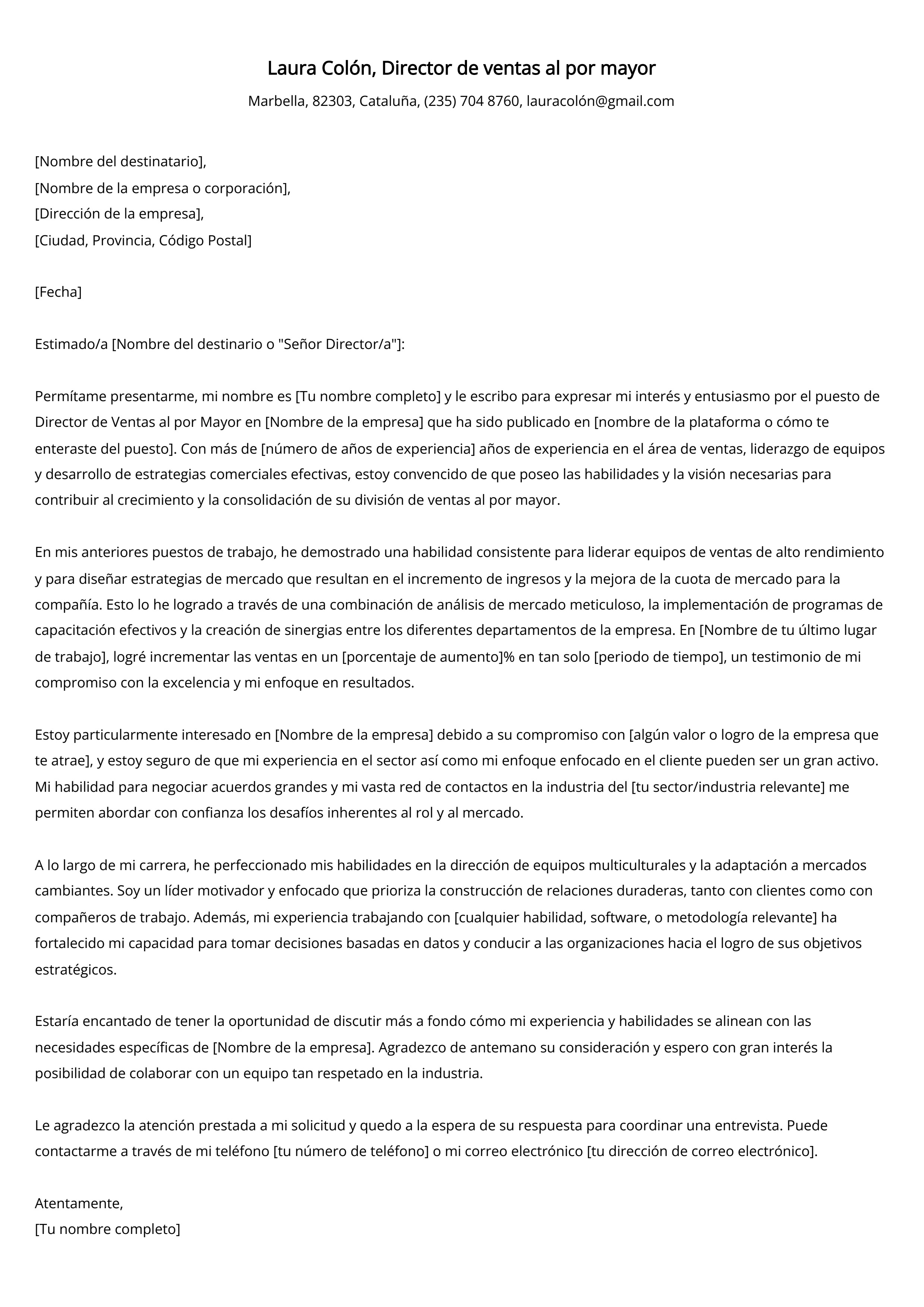 Director de ventas al por mayor Ejemplo de carta de presentación