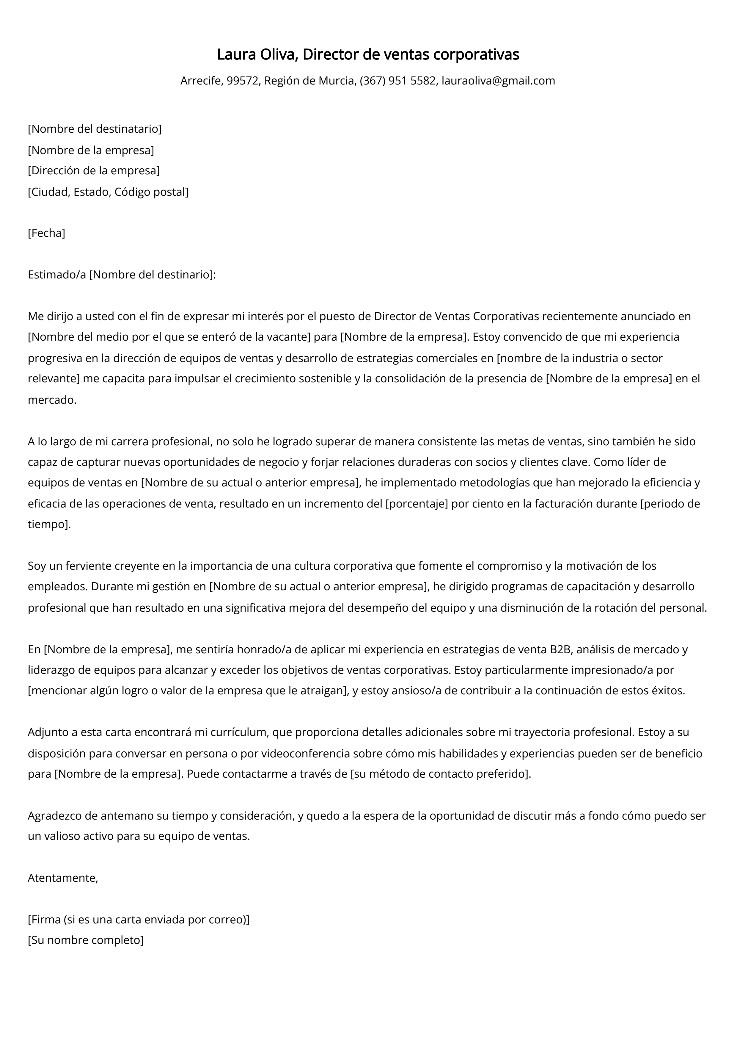 Director de ventas corporativas Ejemplo de carta de presentación