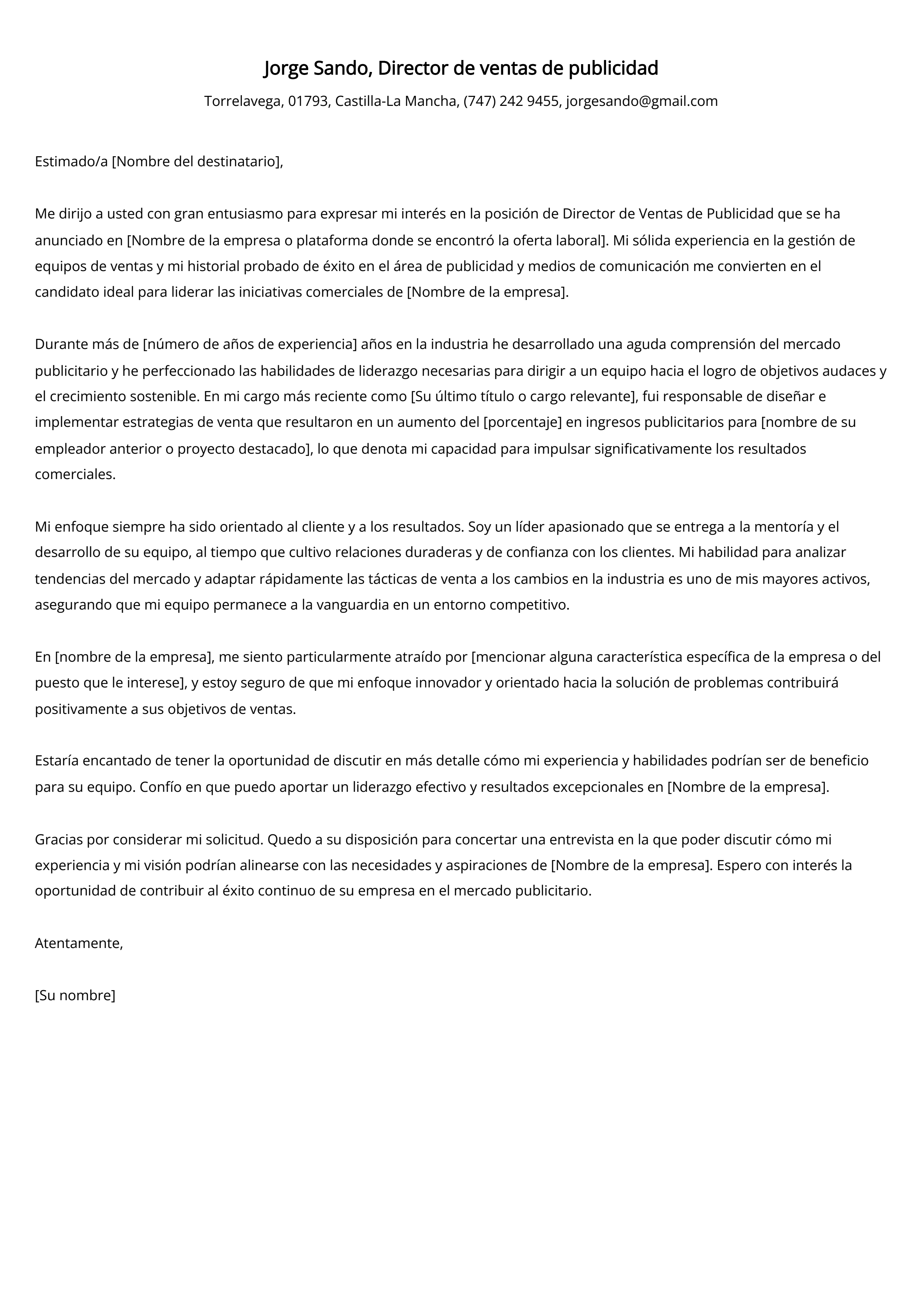 Director de ventas de publicidad Ejemplo de carta de presentación