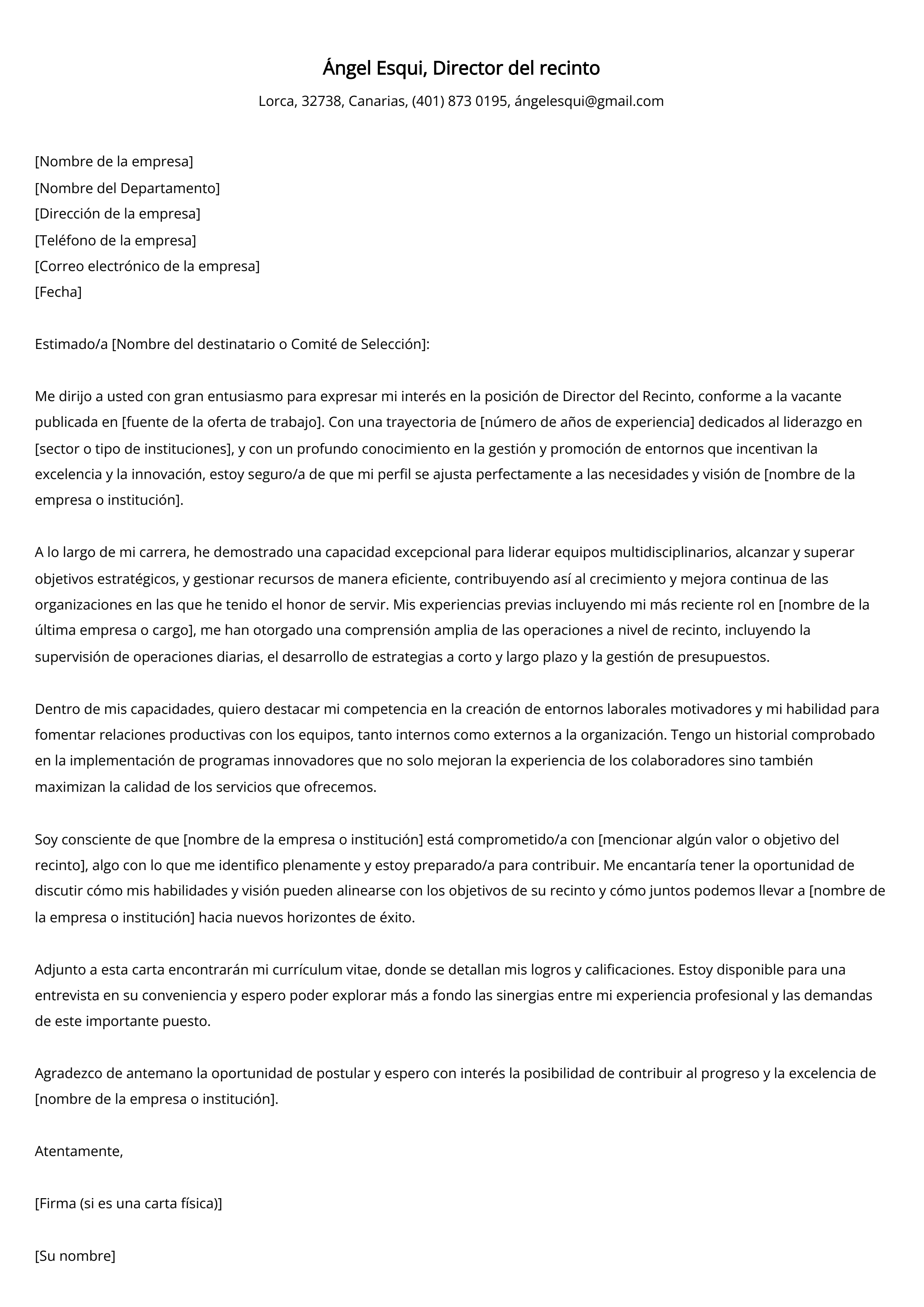 Director del recinto Carta de presentación Ejemplo