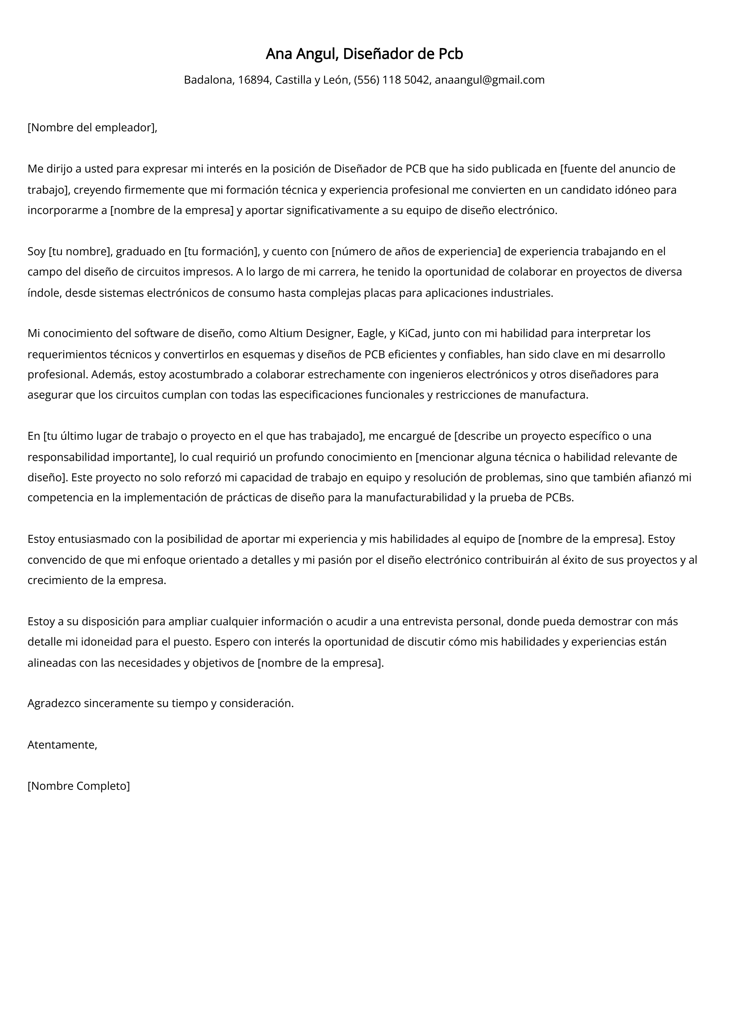 Diseñador de Pcb Cover Letter Example