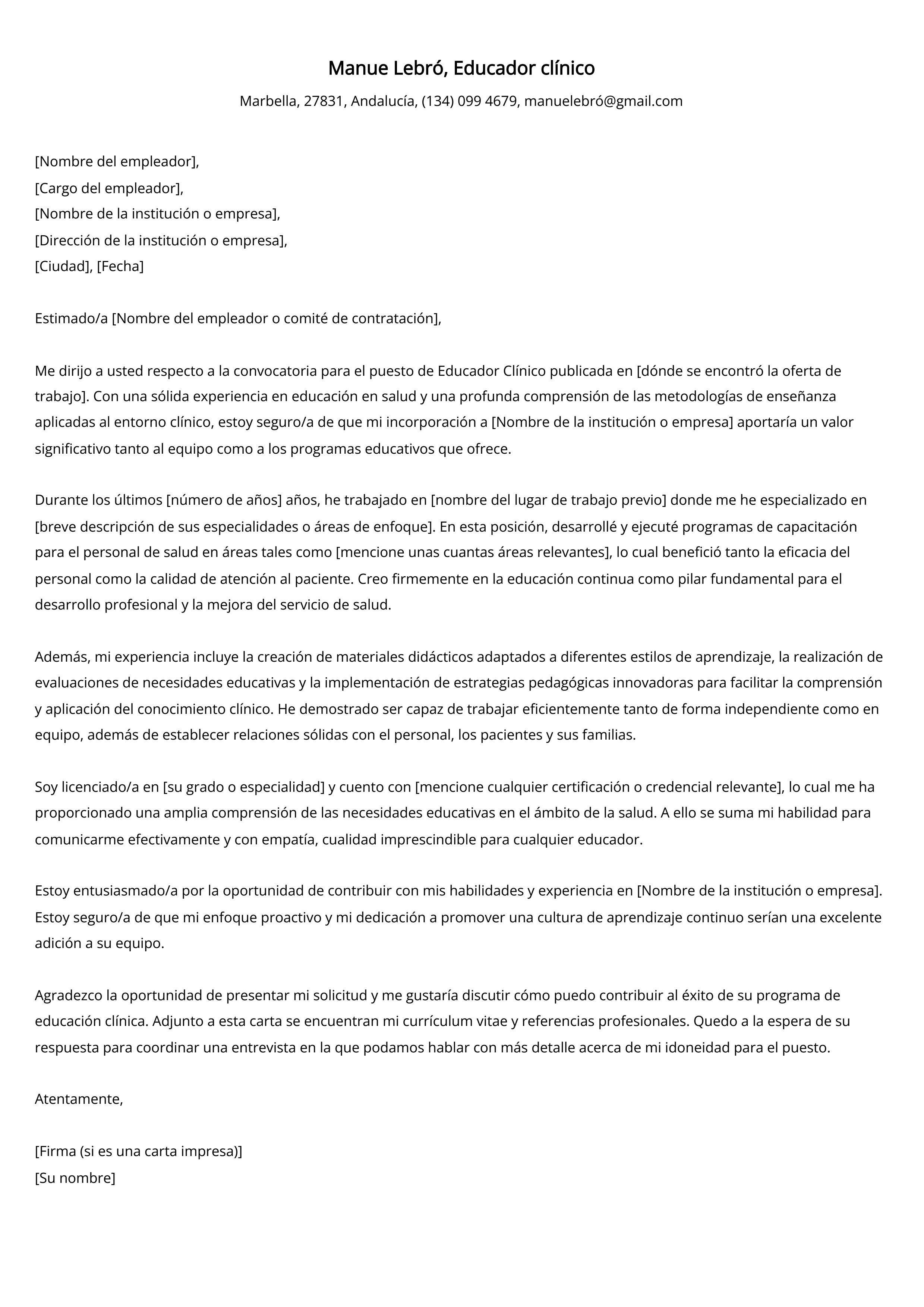 Educador clínico Ejemplo de carta de presentación