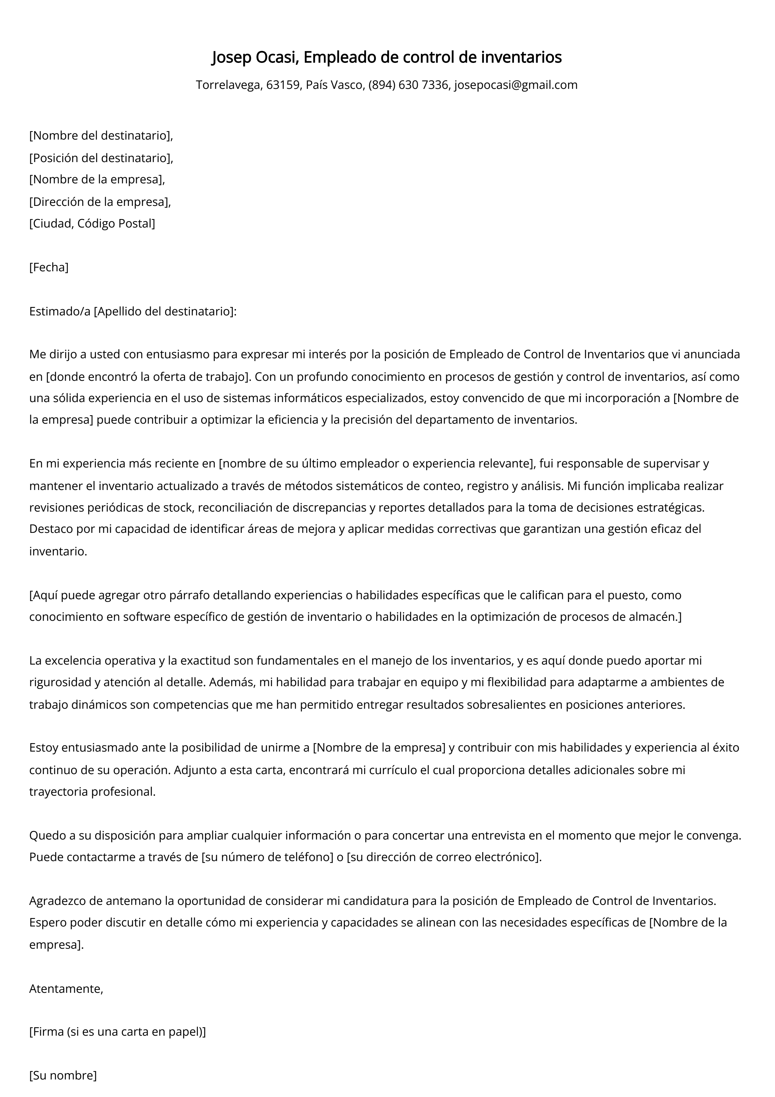 Empleado de control de inventarios Ejemplo de carta de presentación