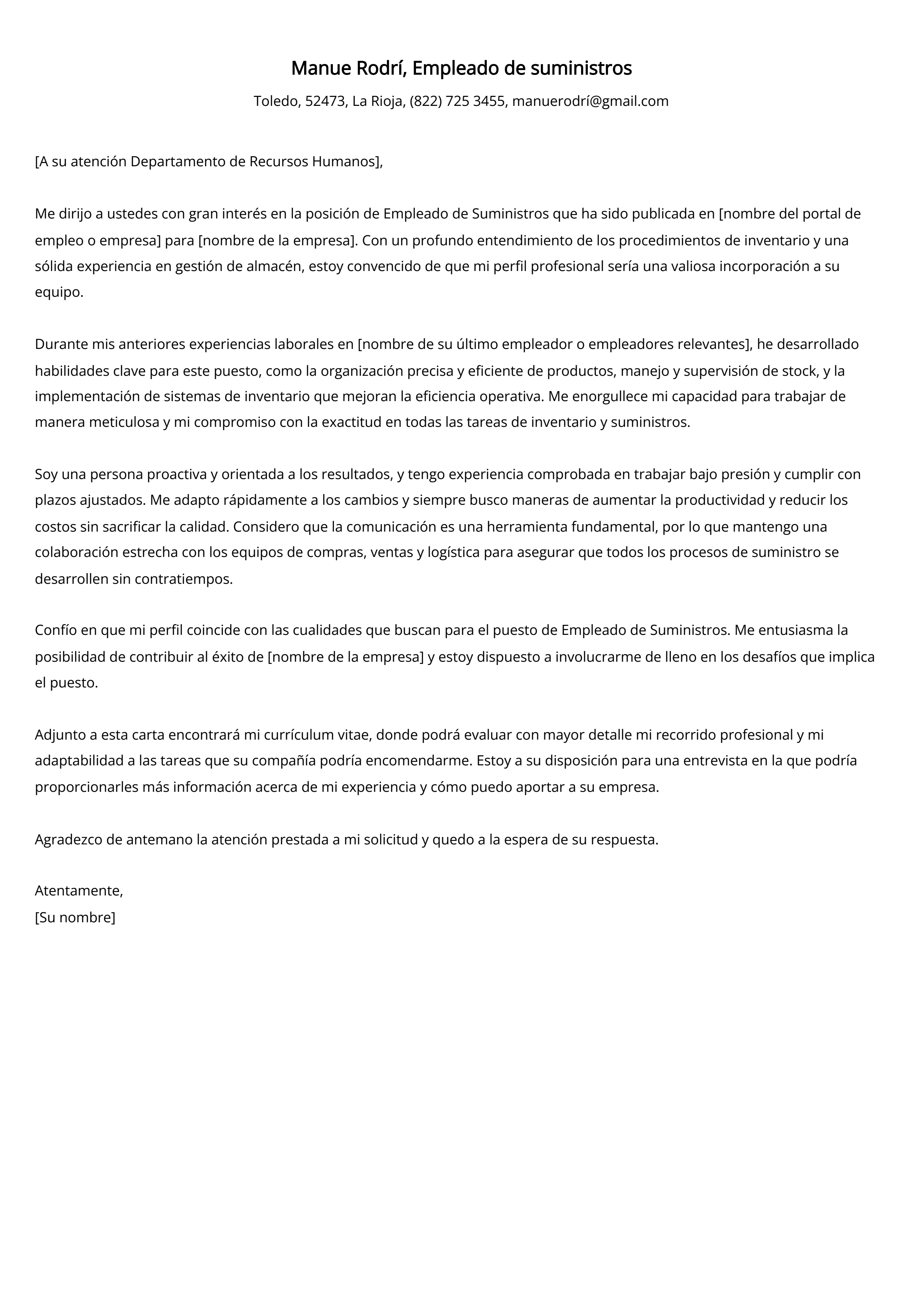 Empleado de suministros Ejemplo de carta de presentación