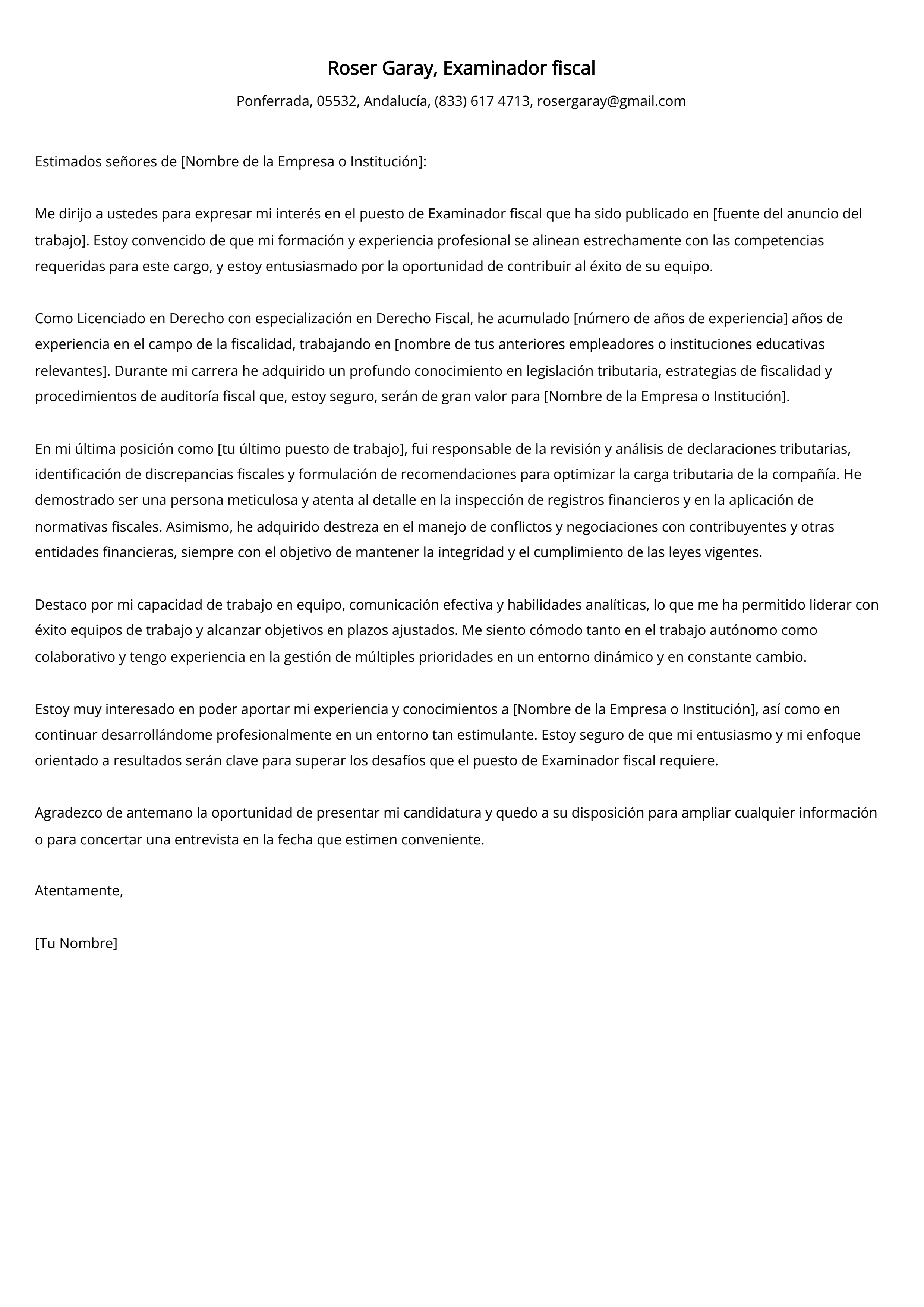 Examinador fiscal Ejemplo de carta de presentación