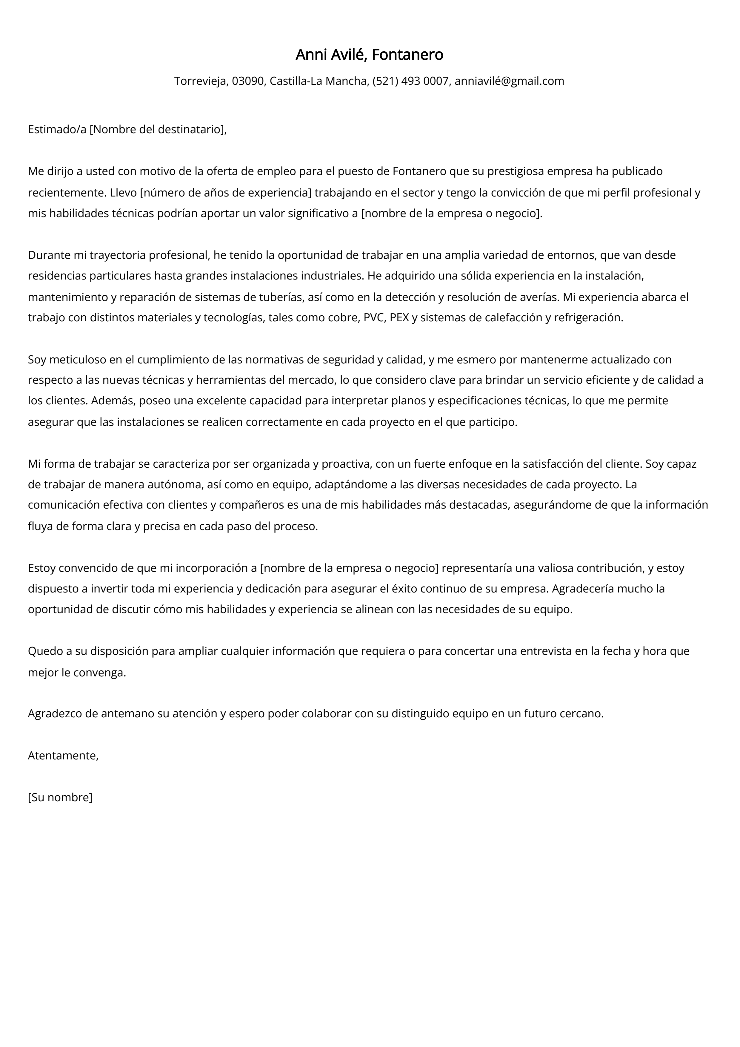 Ejemplo de carta de presentación de Fontanero