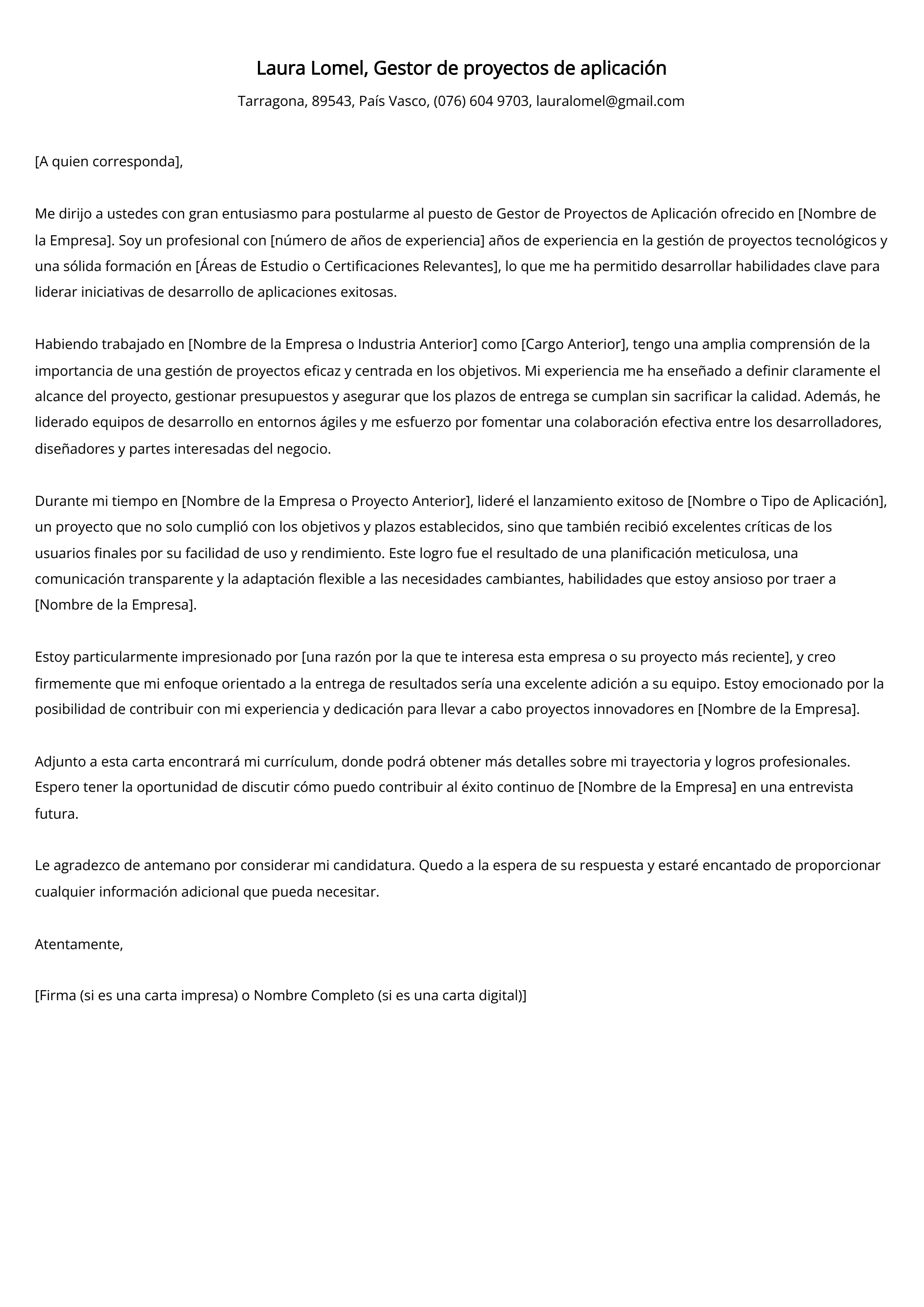 Gestor de proyectos de aplicación Cover Letter Example