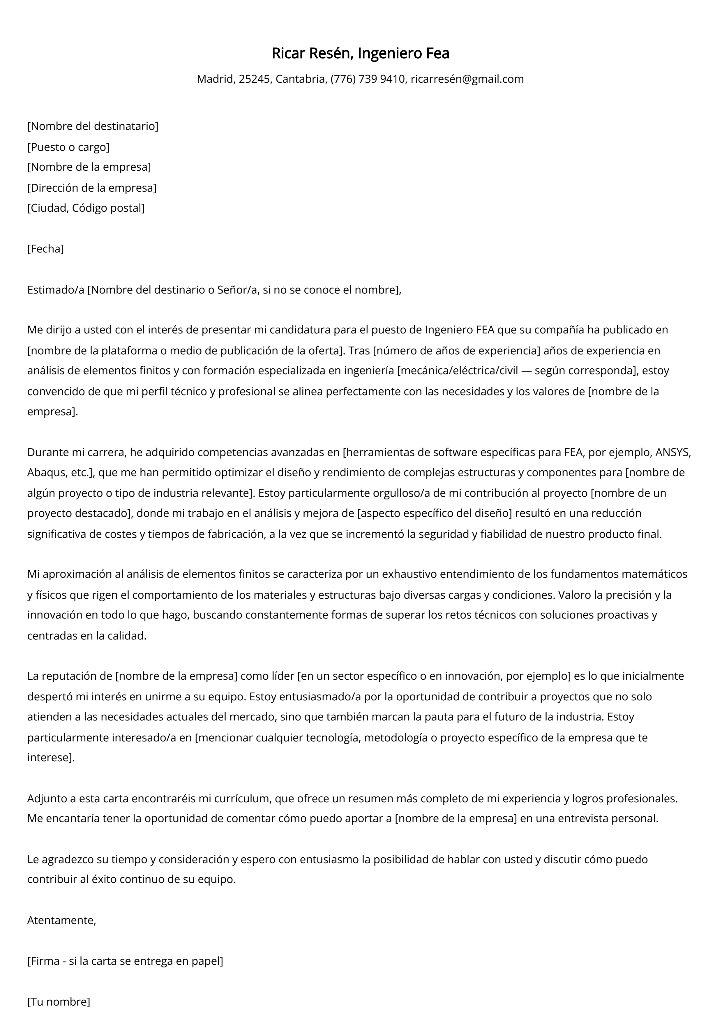 Ingeniero Fea Ejemplo de carta de presentación