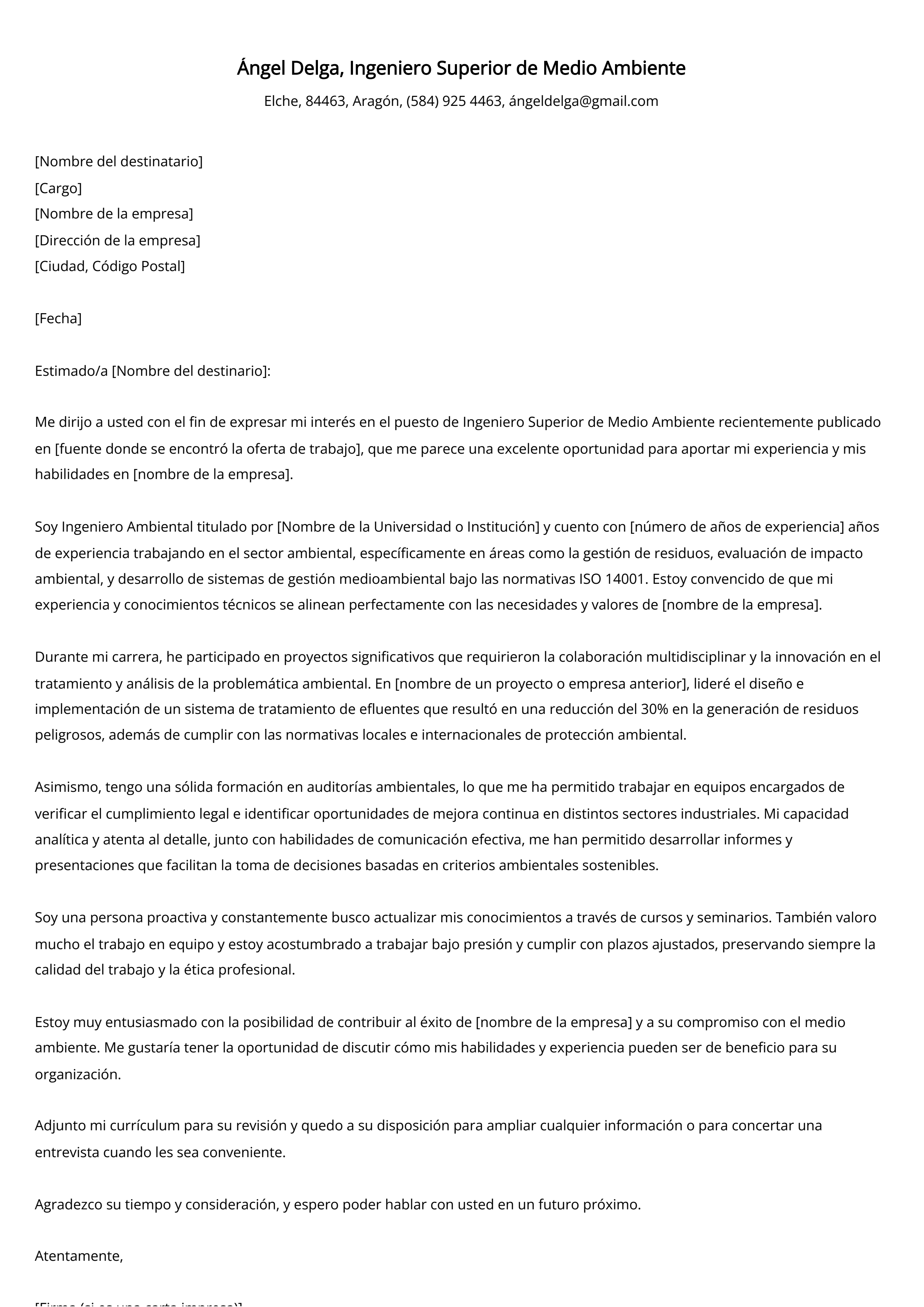 Ingeniero Superior de Medio Ambiente Ejemplo de carta de presentación