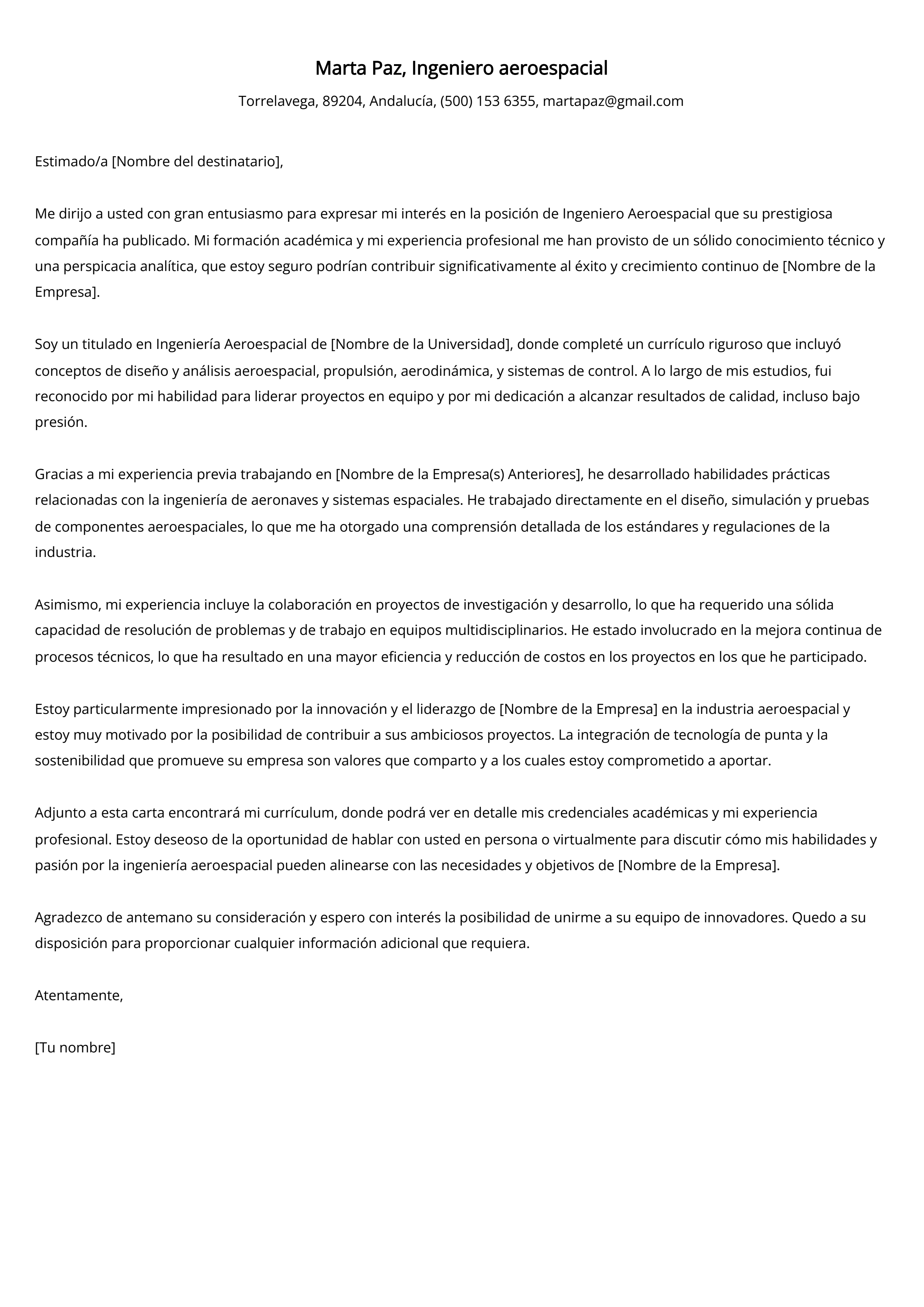 Ingeniero aeroespacial Ejemplo de carta de presentación