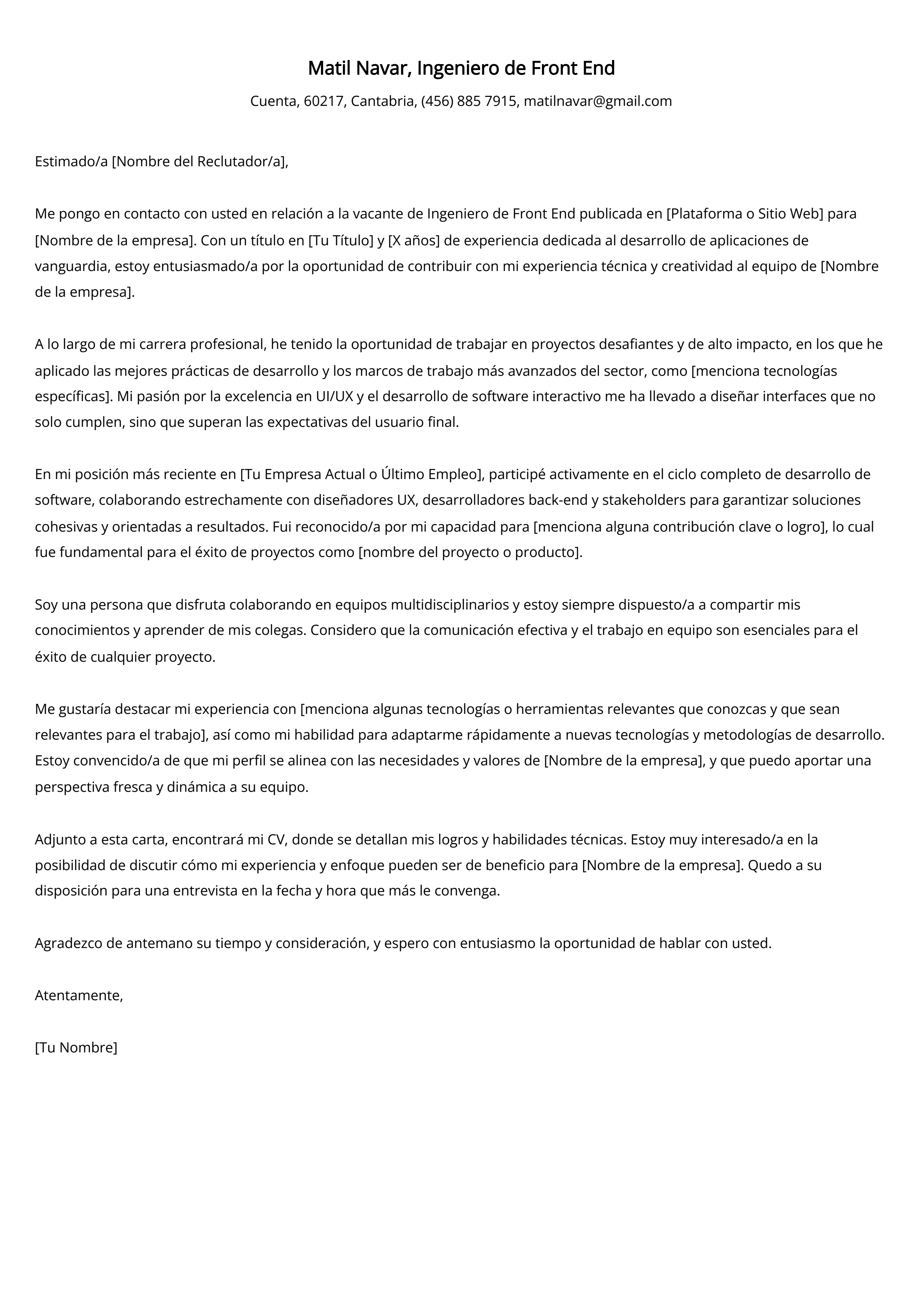 Ingeniero de Front End Cover Letter Example