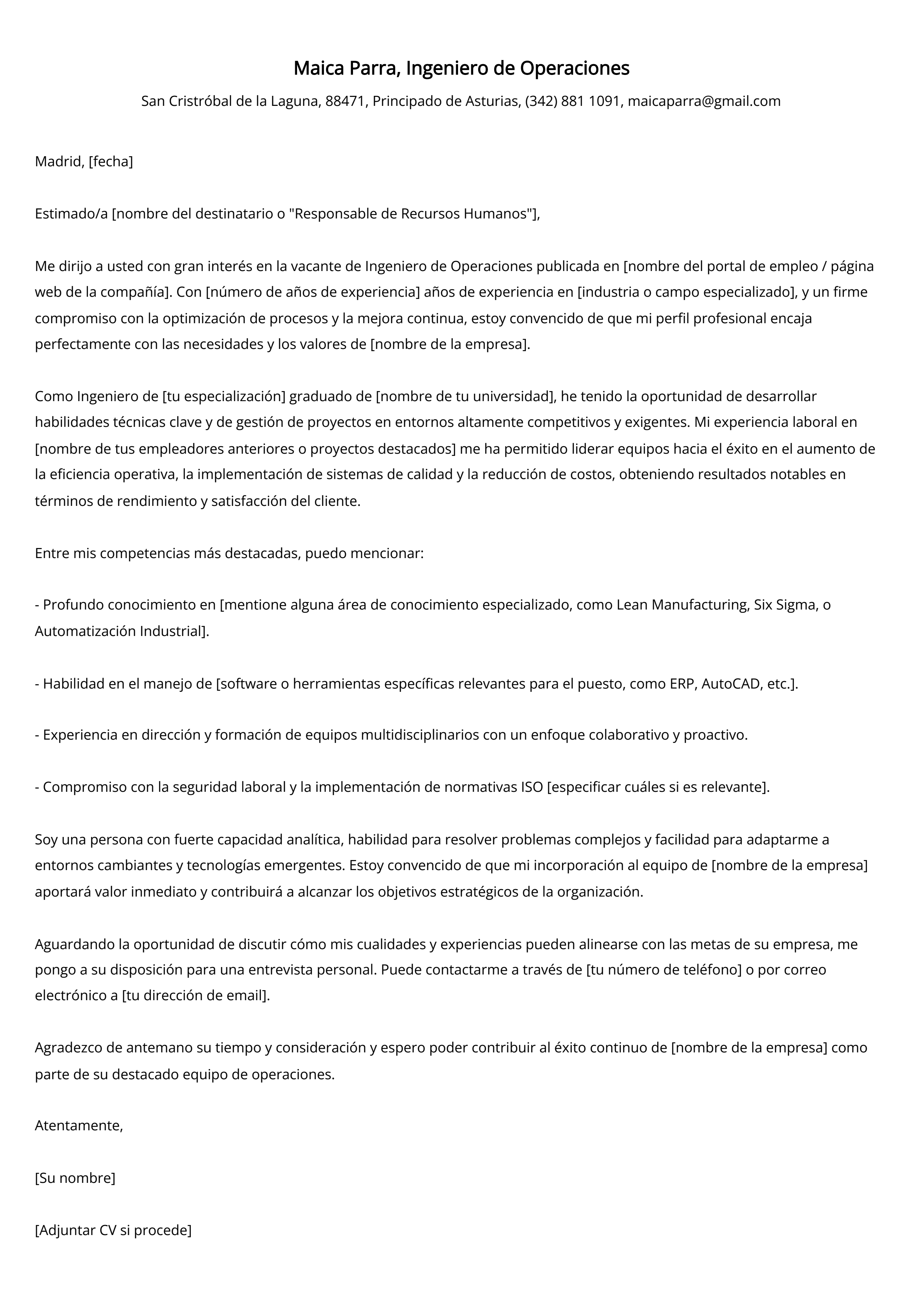 Ingeniero de Operaciones Ejemplo de carta de presentación