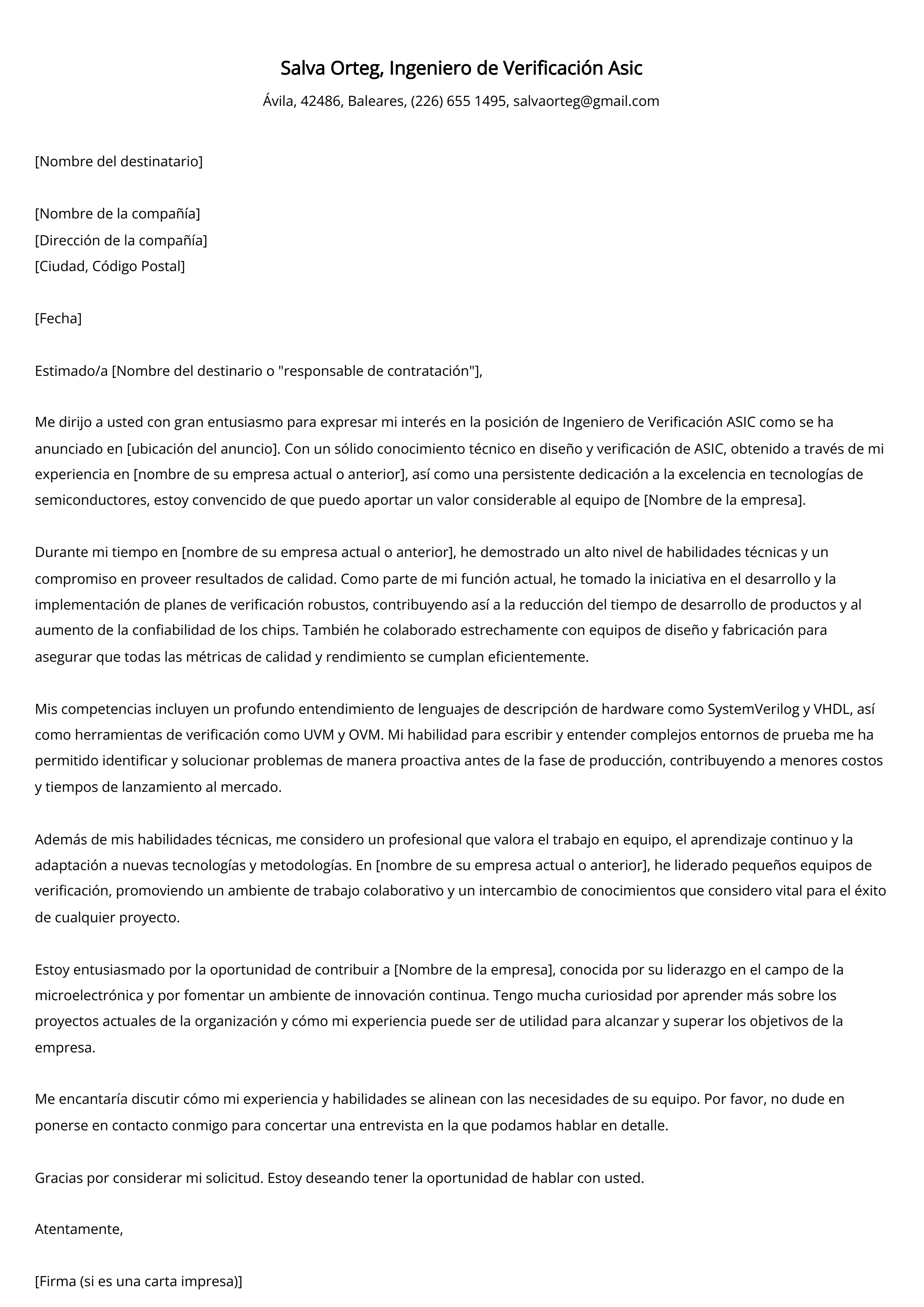 Ingeniero de Verificación Asic Cover Letter Example