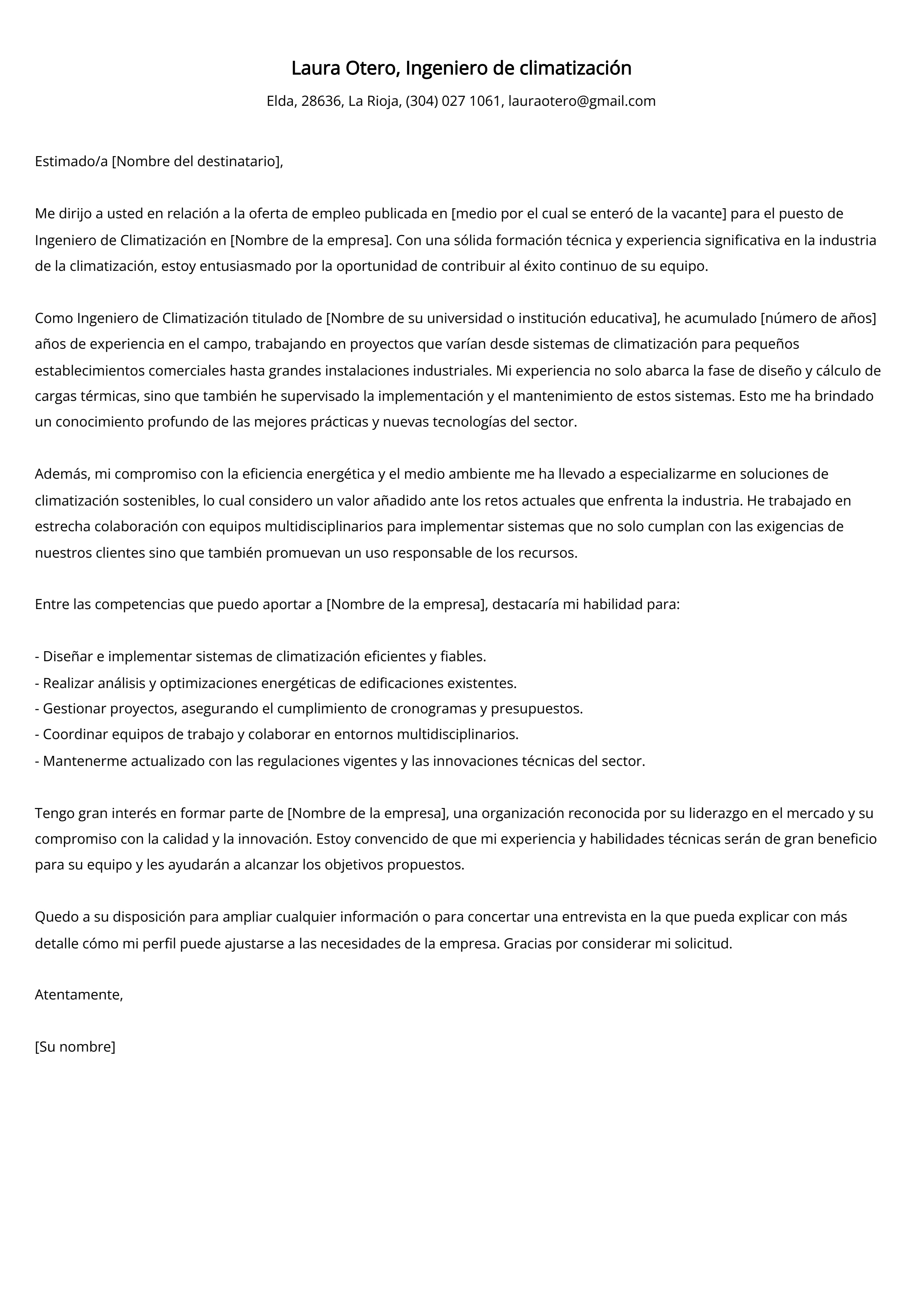 Ingeniero de climatización Ejemplo de carta de presentación