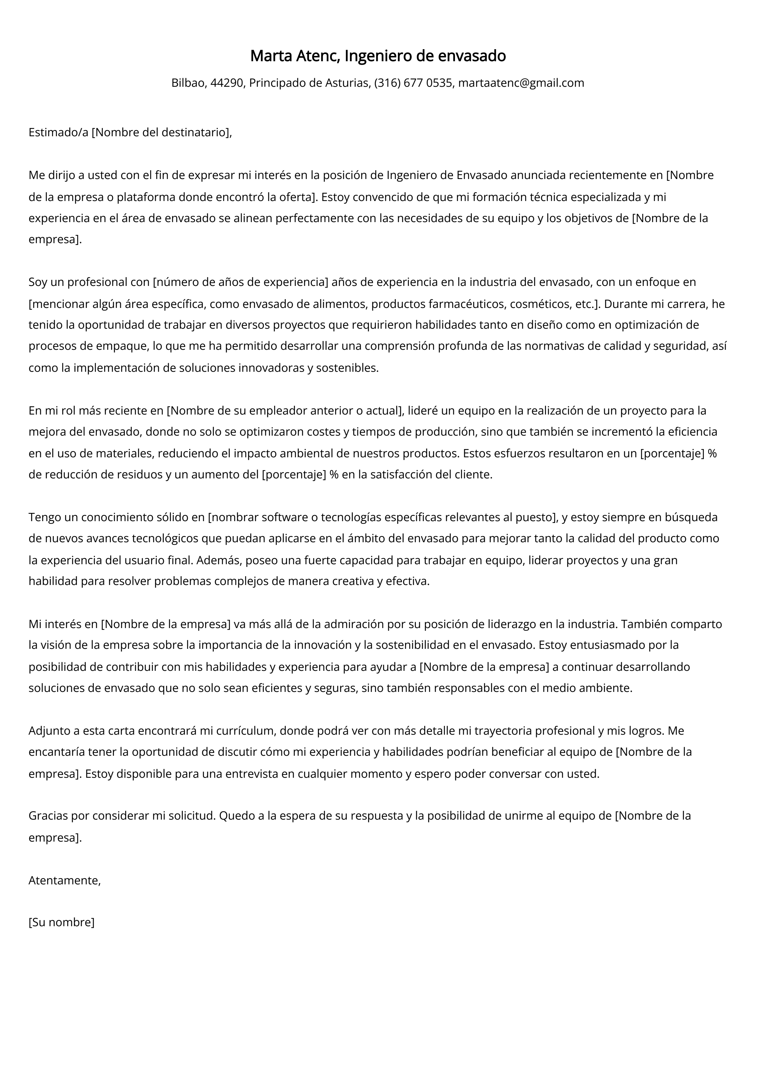 Ingeniero de envasado Ejemplo de carta de presentación