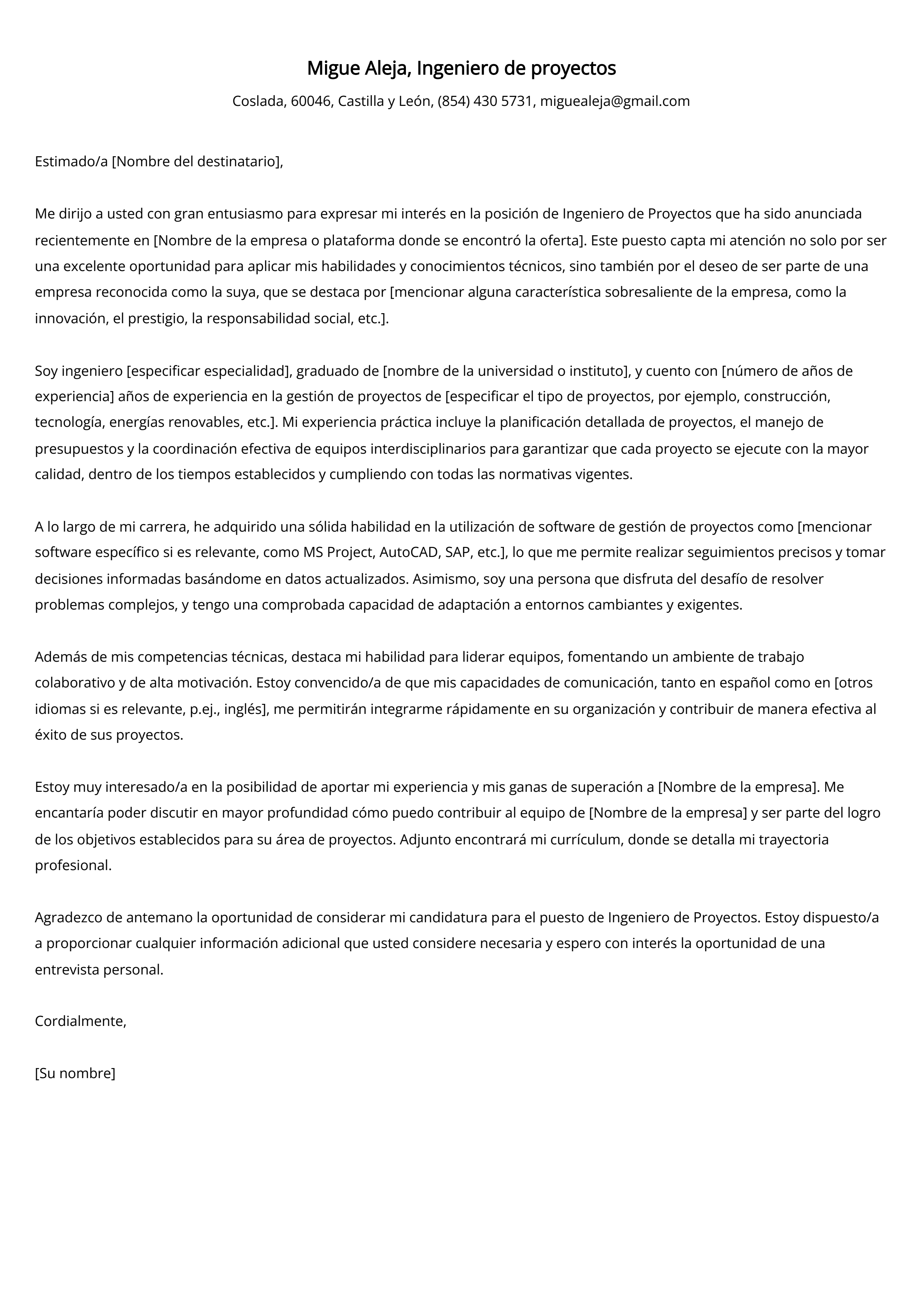 Ingeniero de proyectos Carta de presentación Ejemplo