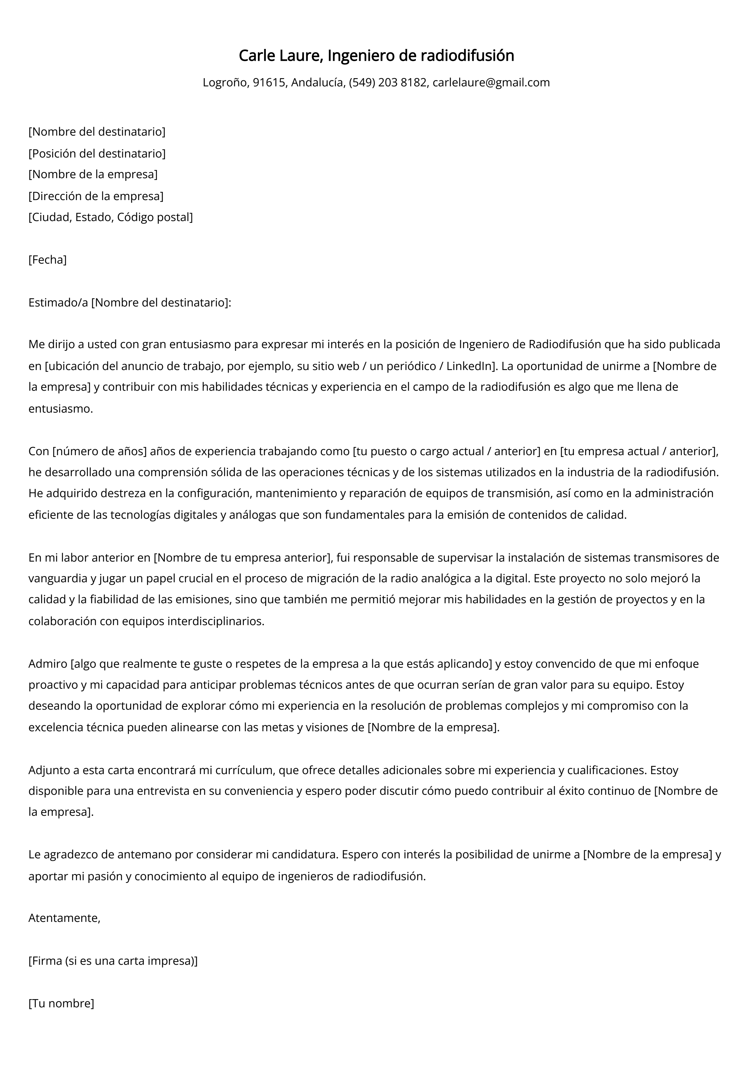 Ingeniero de radiodifusión Ejemplo de carta de presentación