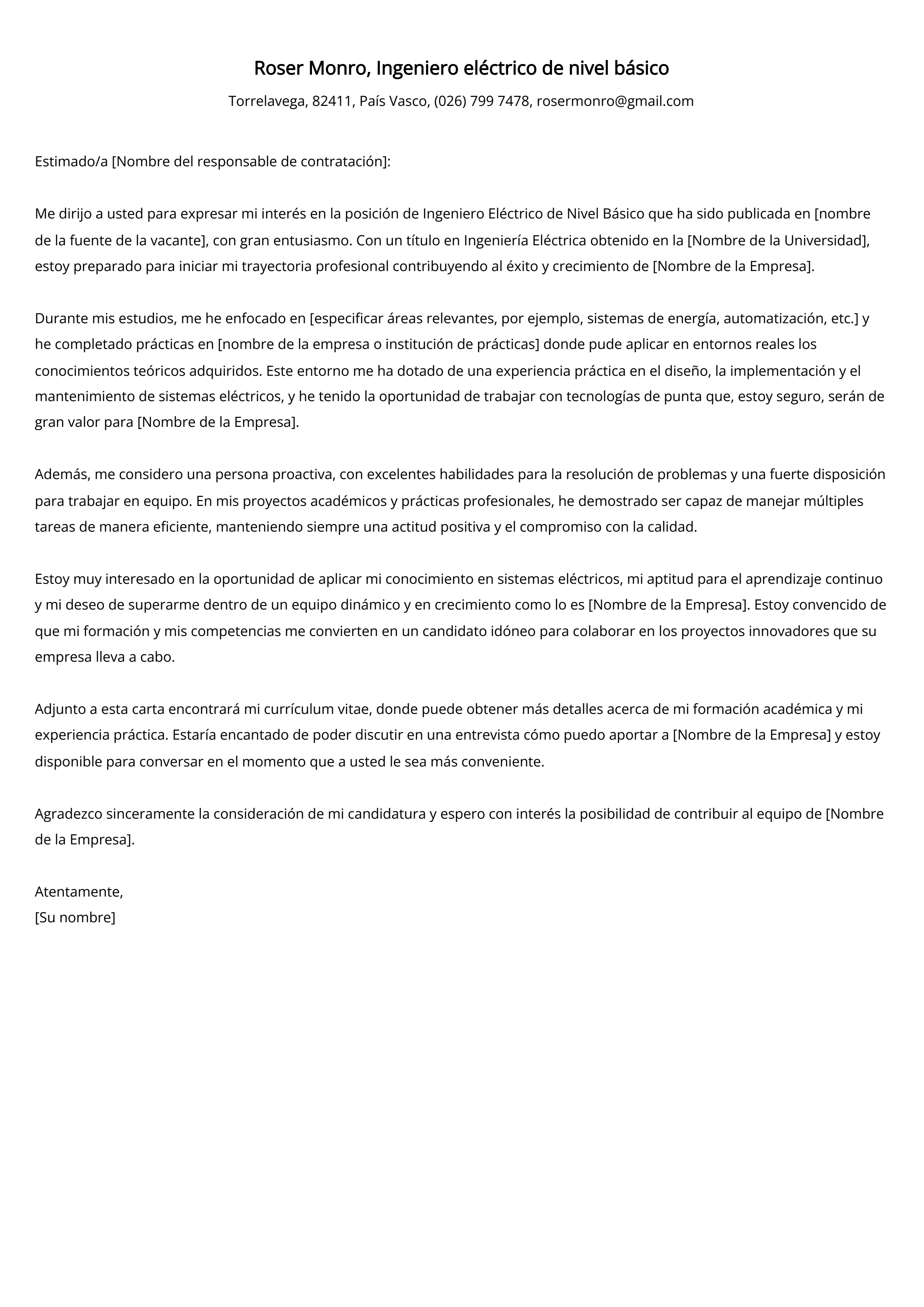 Ingeniero eléctrico de nivel básico Ejemplo de carta de presentación