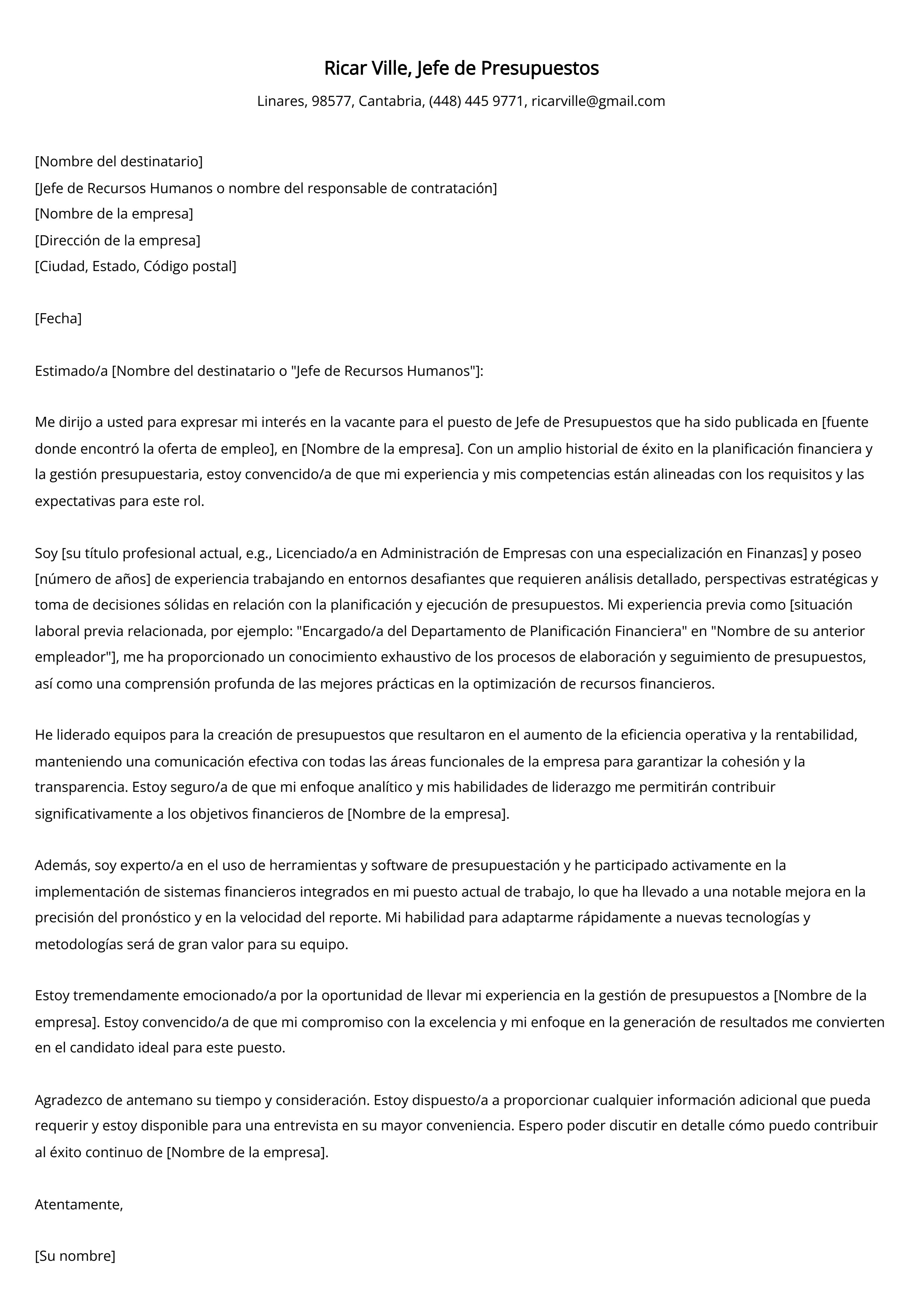 Jefe de Presupuestos Ejemplo de carta de presentación