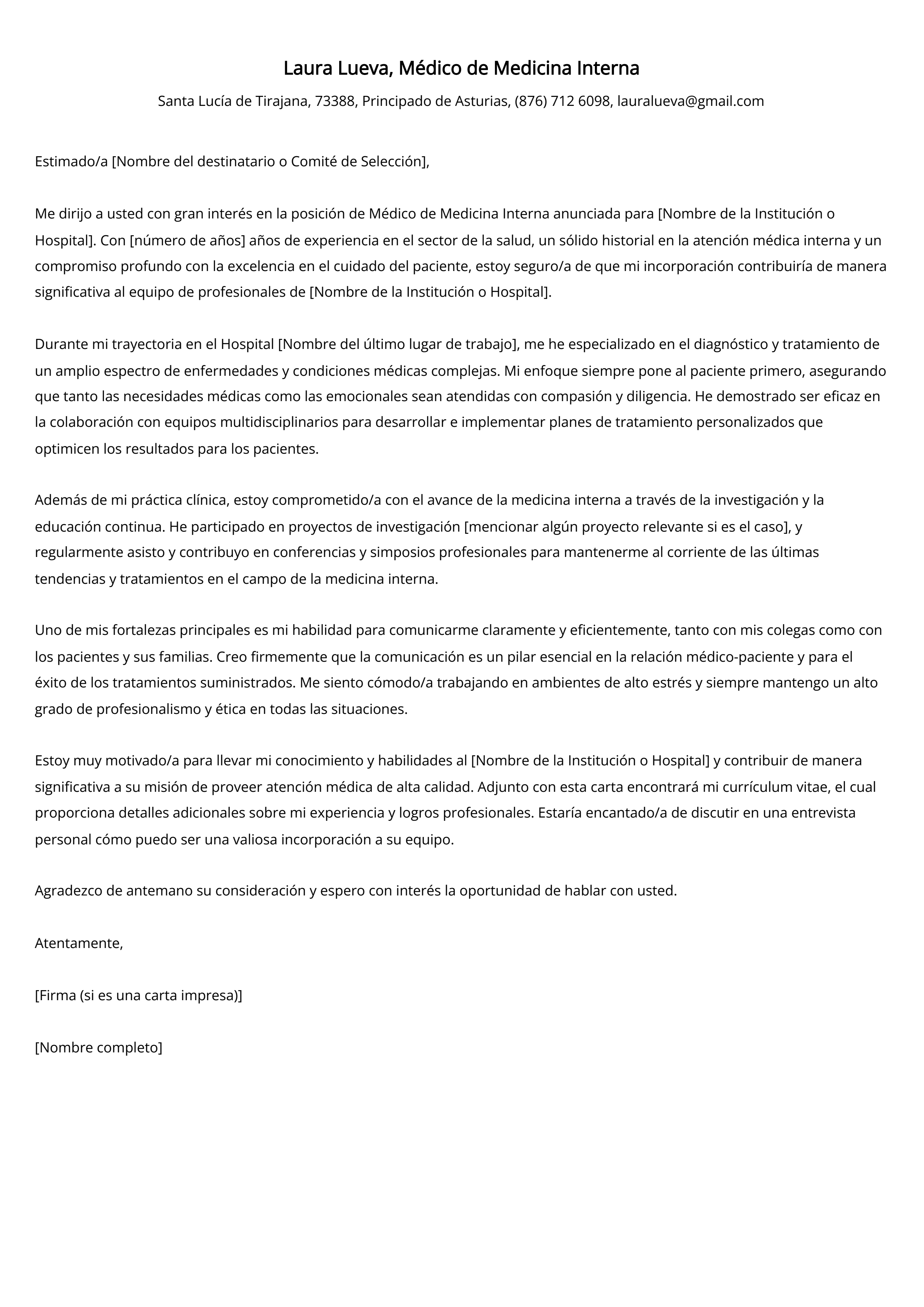 Médico de Medicina Interna Cover Letter Example