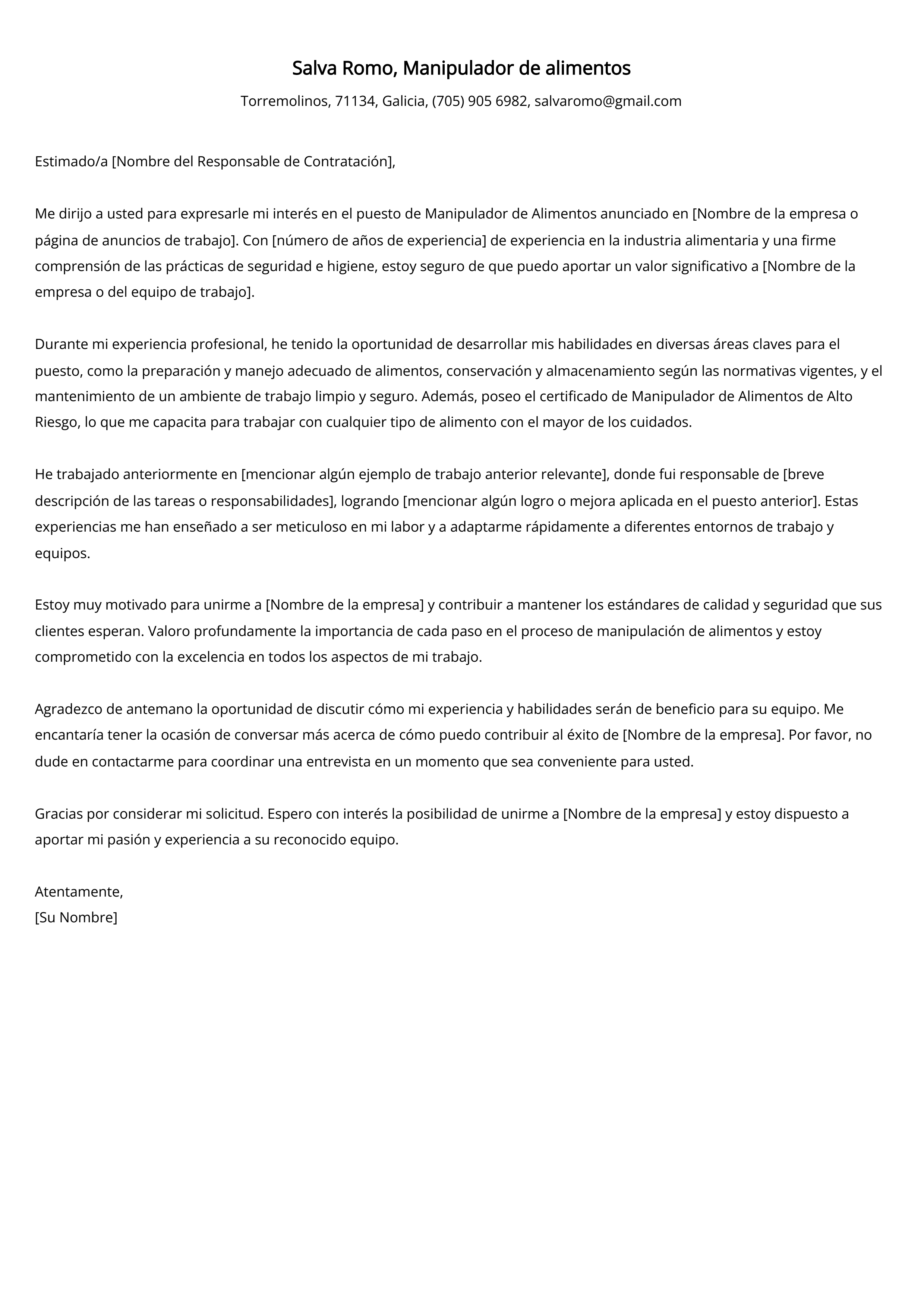 Manipulador de alimentos Ejemplo de carta de presentación