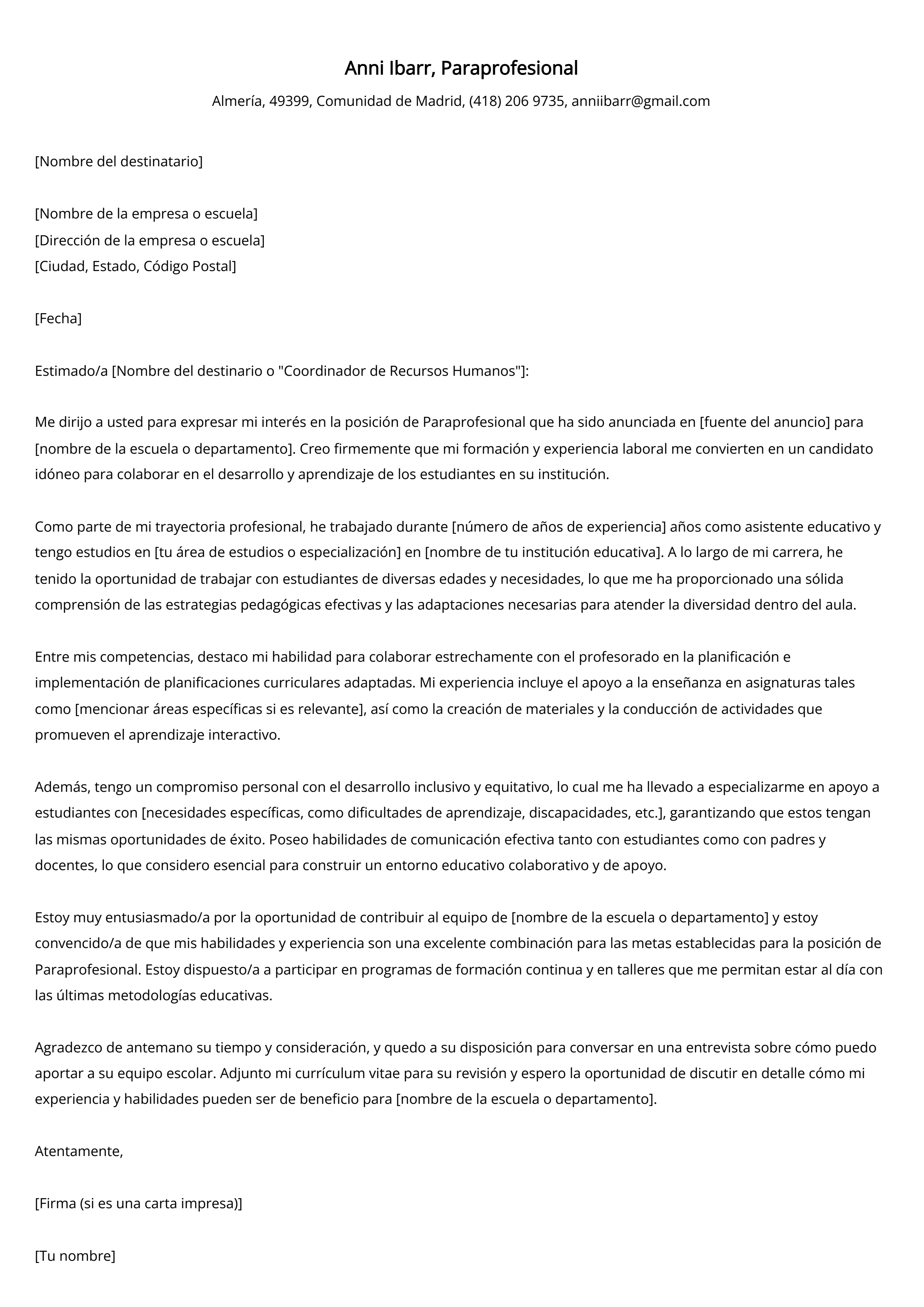 Ejemplo de carta de presentación paraprofesional