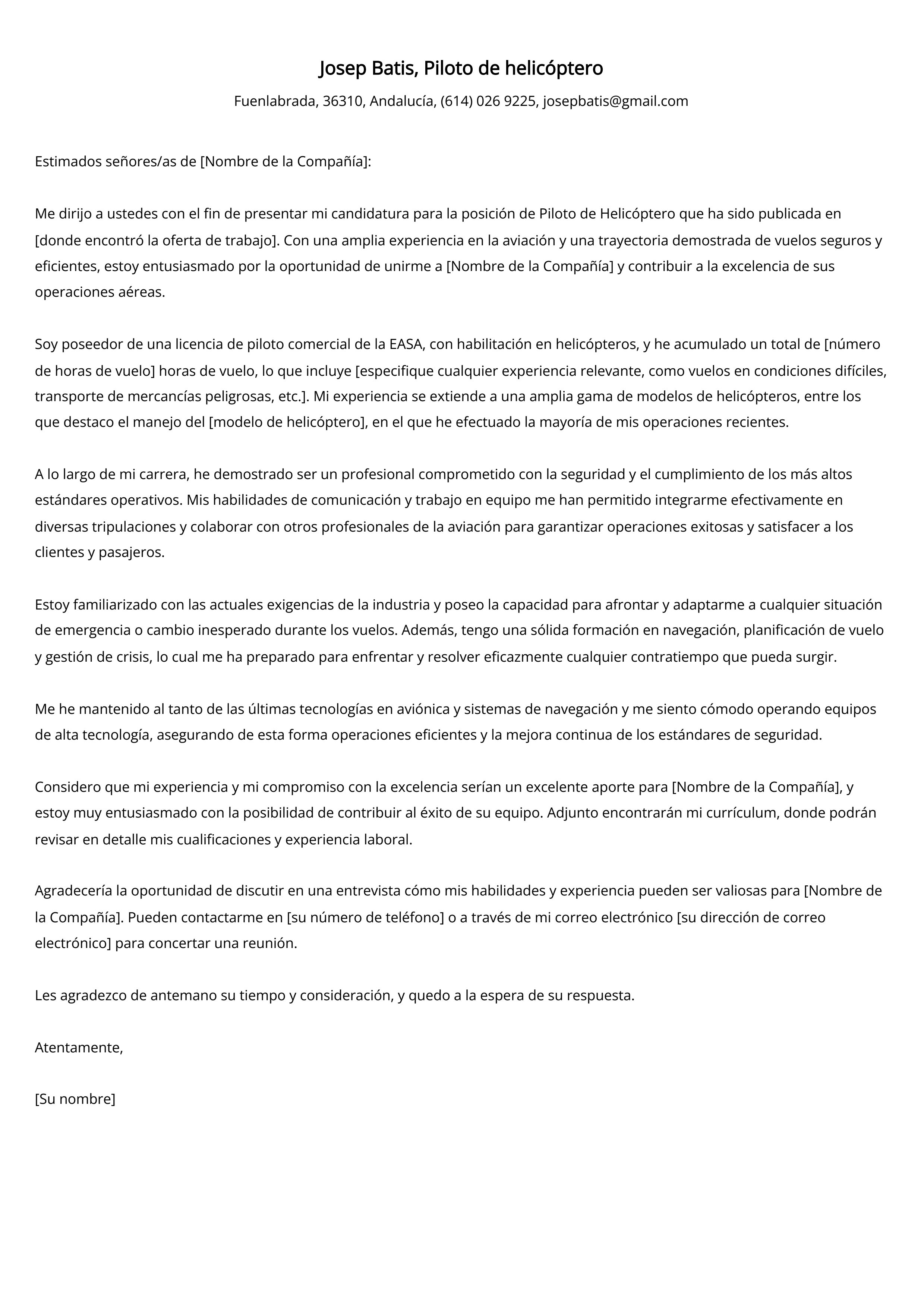 Piloto de helicóptero Ejemplo de carta de presentación