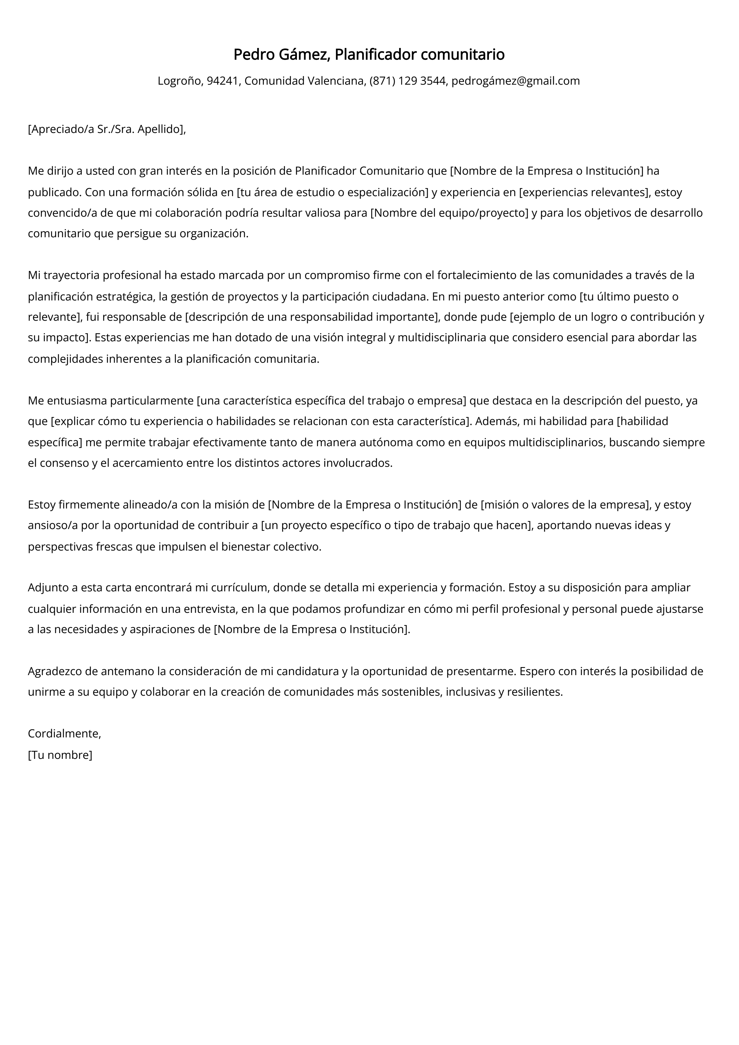 Planificador comunitario Carta de presentación Ejemplo