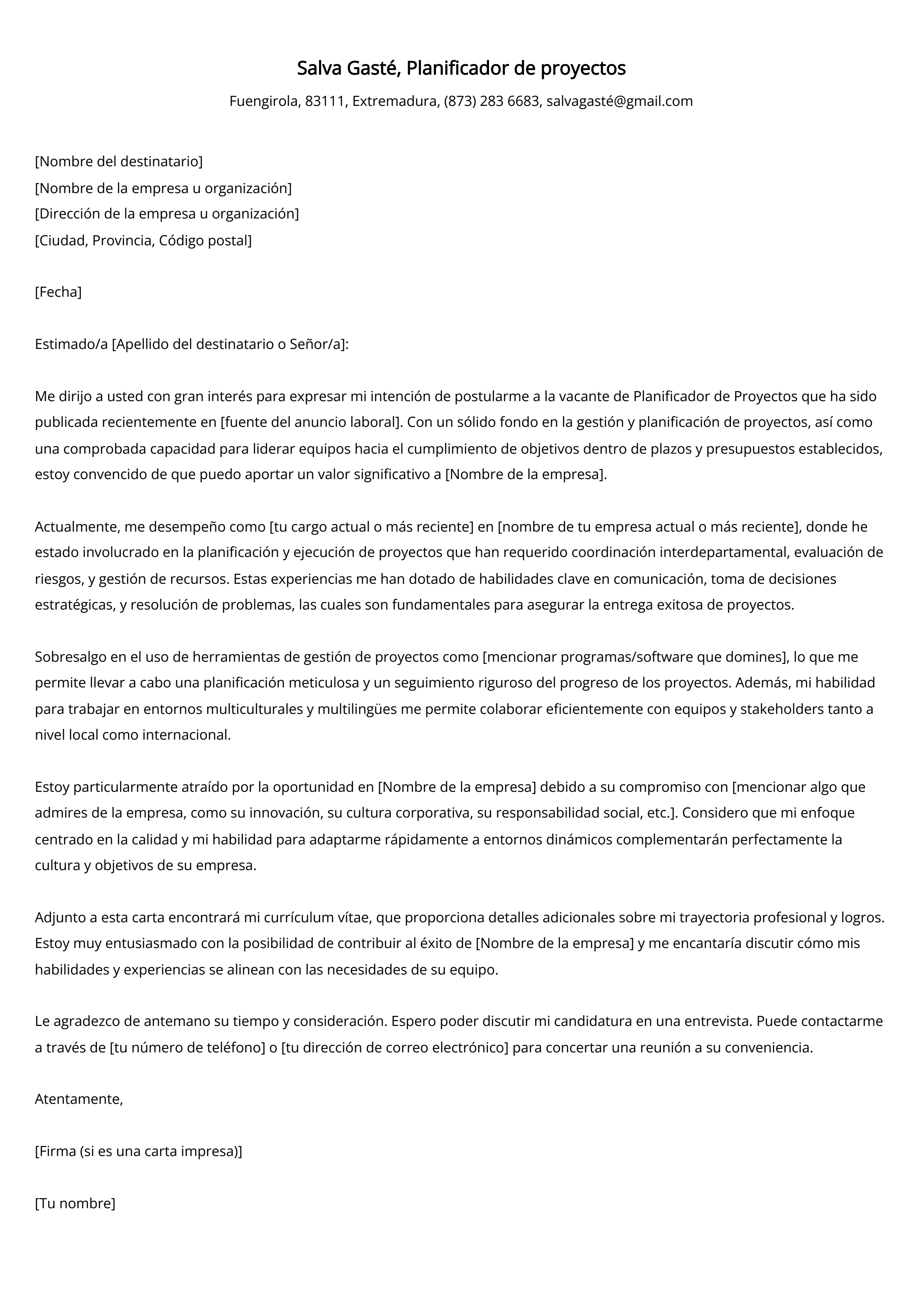 Planificador de proyectos Carta de presentación Ejemplo