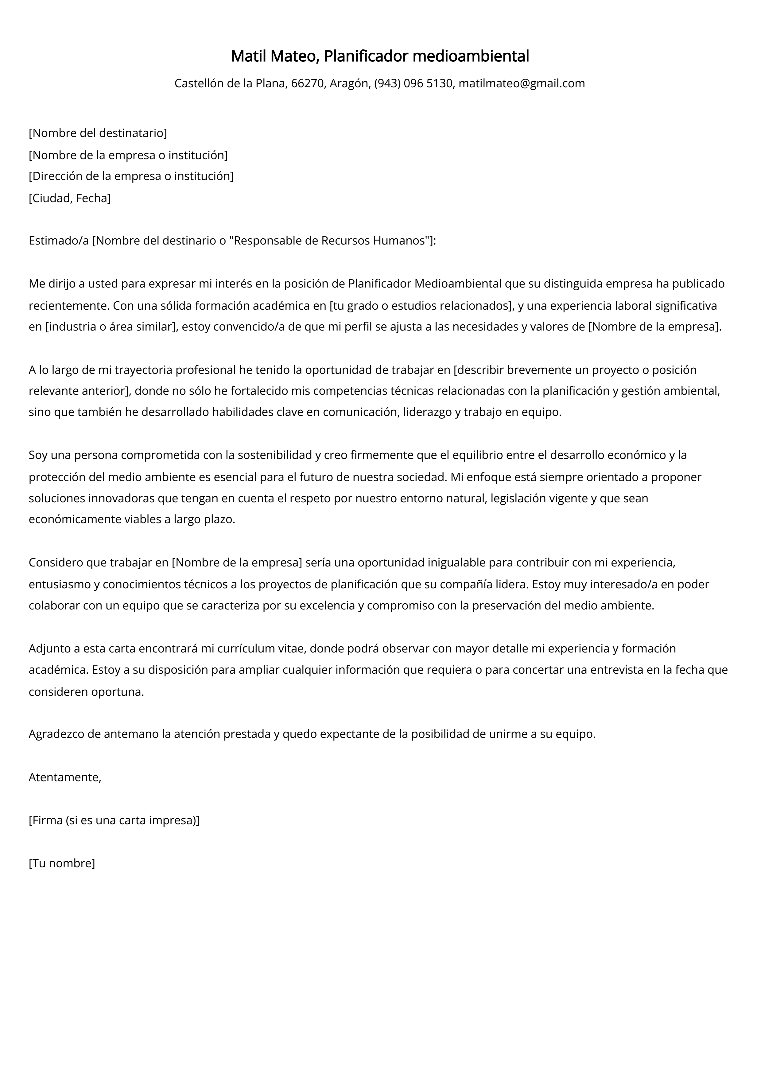 Planificador medioambiental Carta de presentación Ejemplo