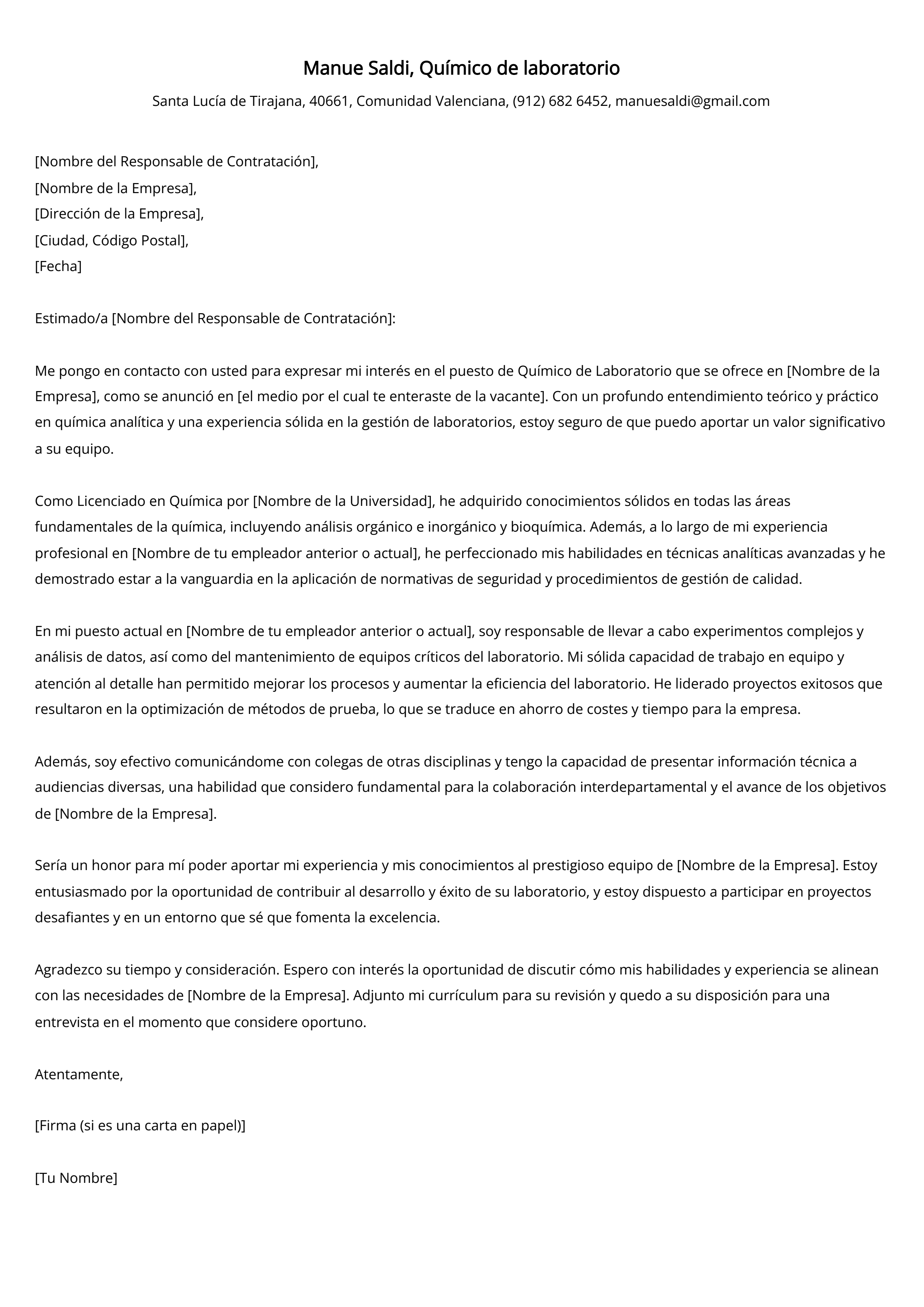 Químico de laboratorio Carta de presentación Ejemplo