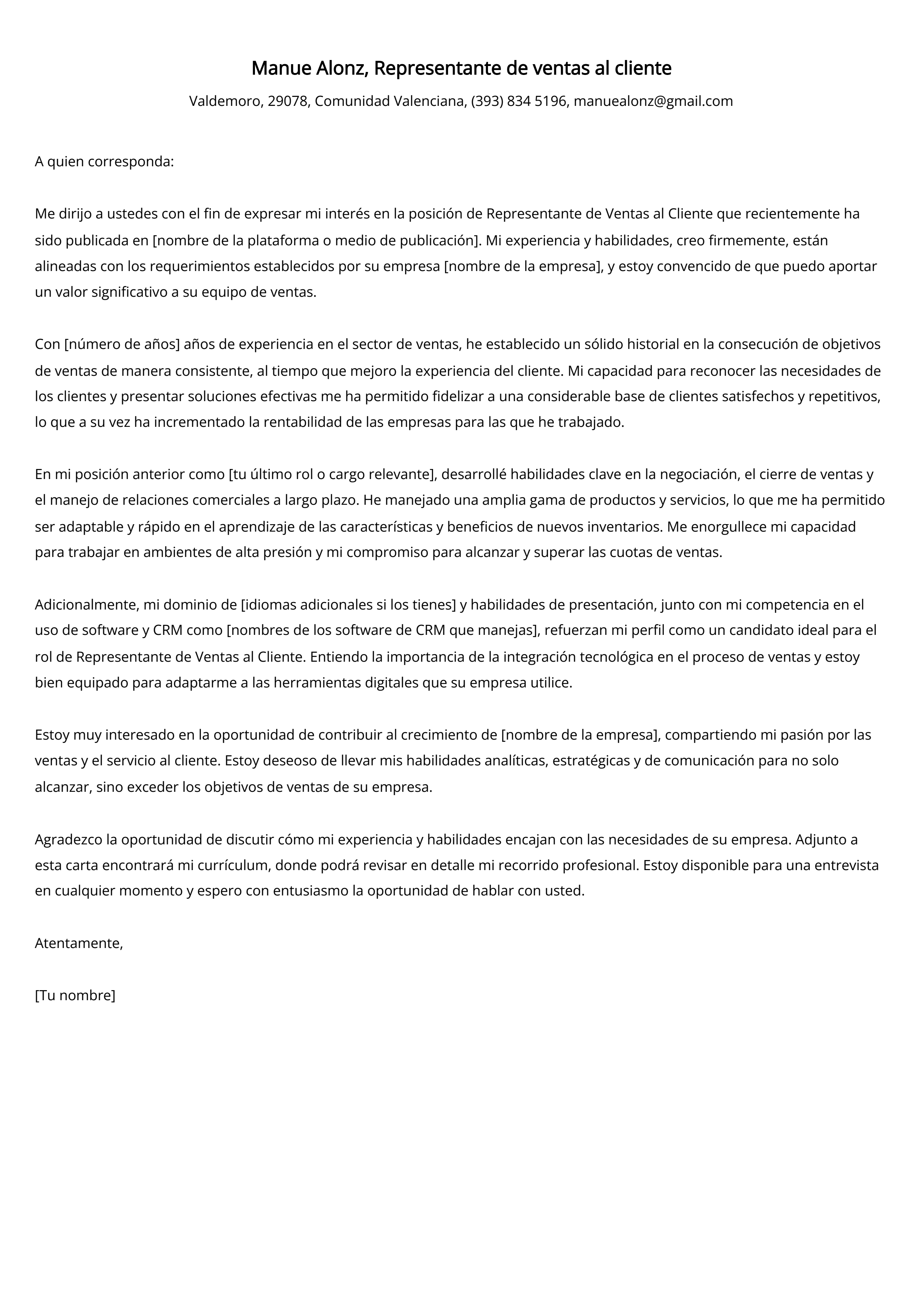 Representante de ventas al cliente Ejemplo de carta de presentación