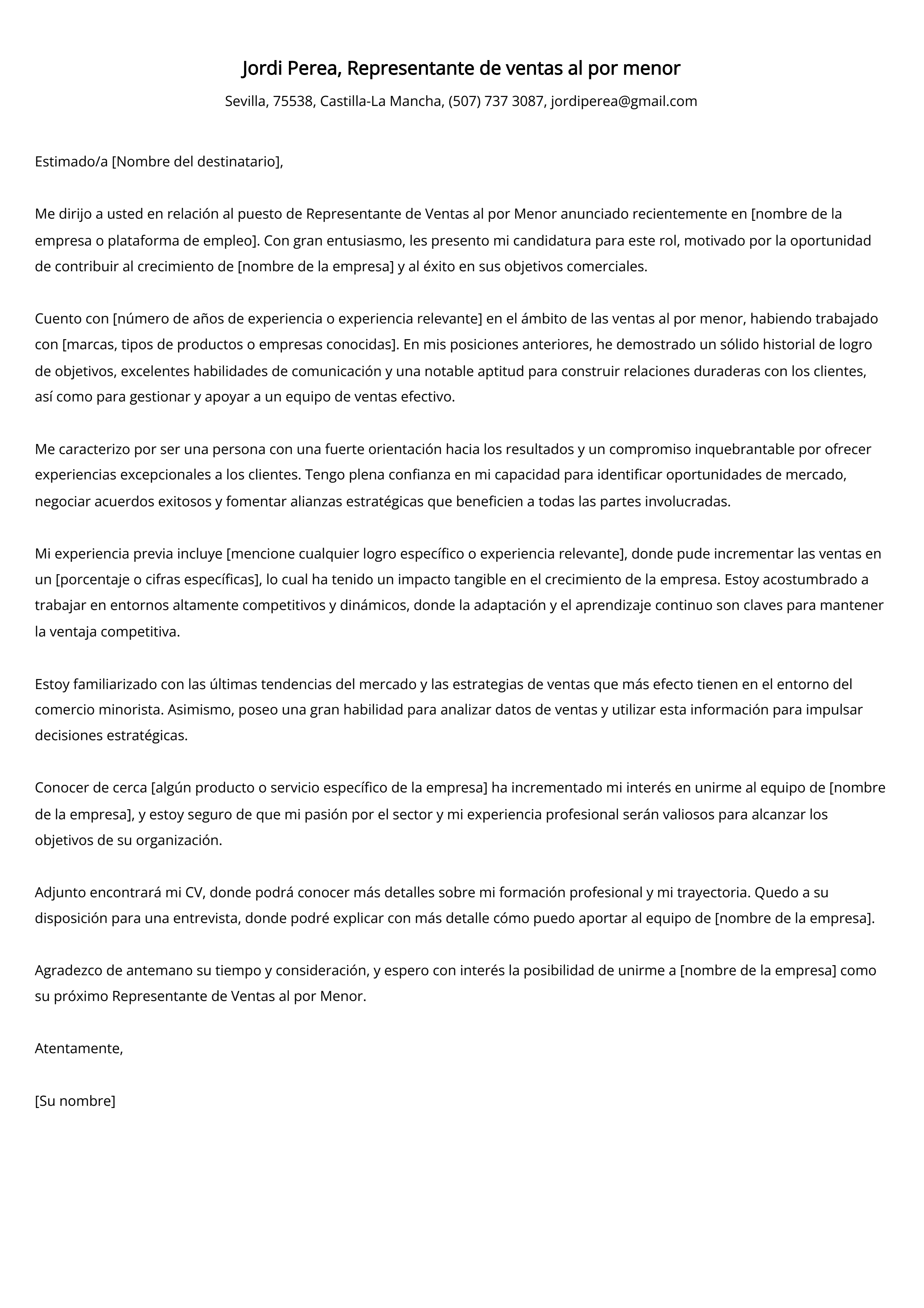 Representante de ventas al por menor Ejemplo de carta de presentación