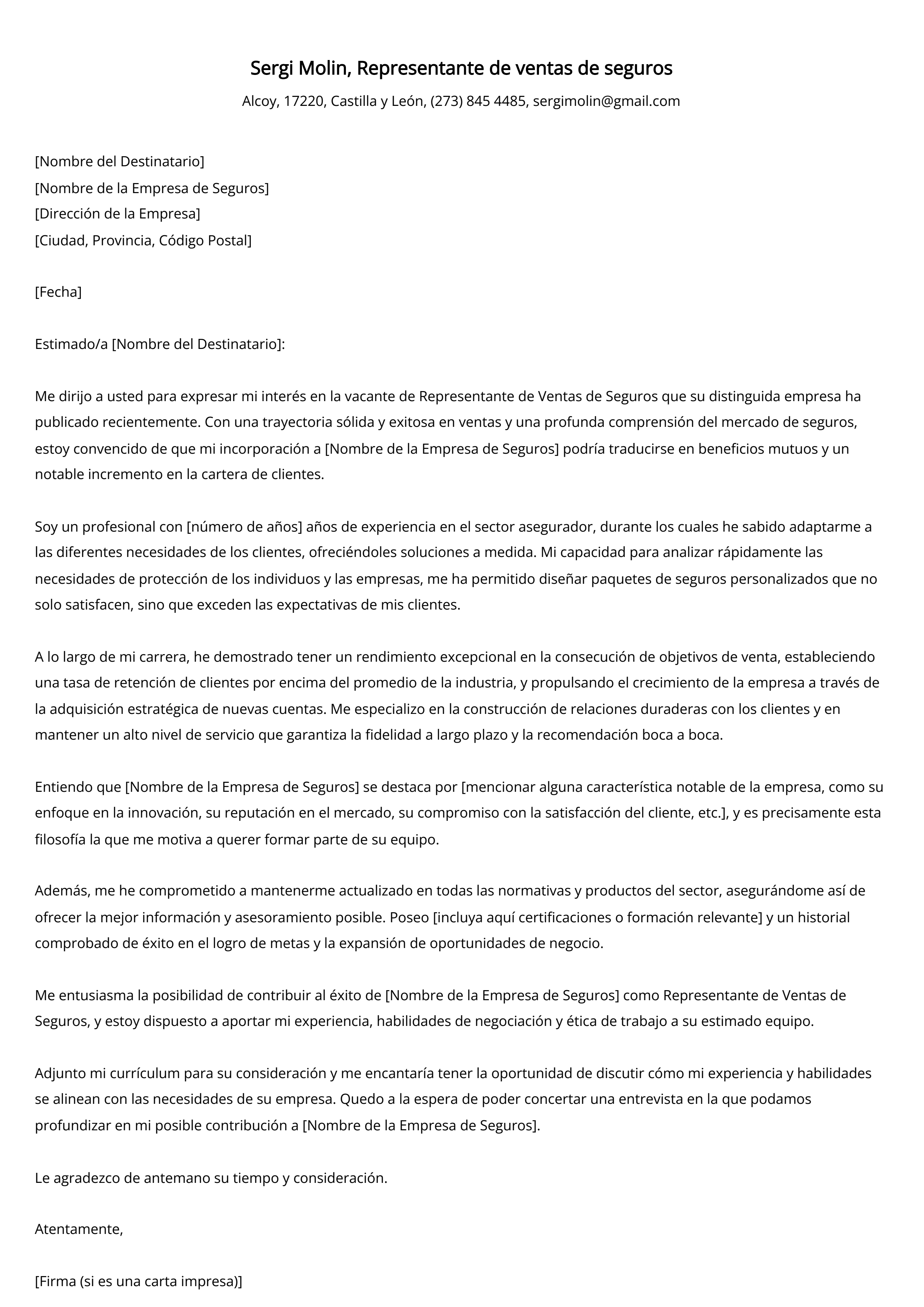 Representante de ventas de seguros Ejemplo de carta de presentación