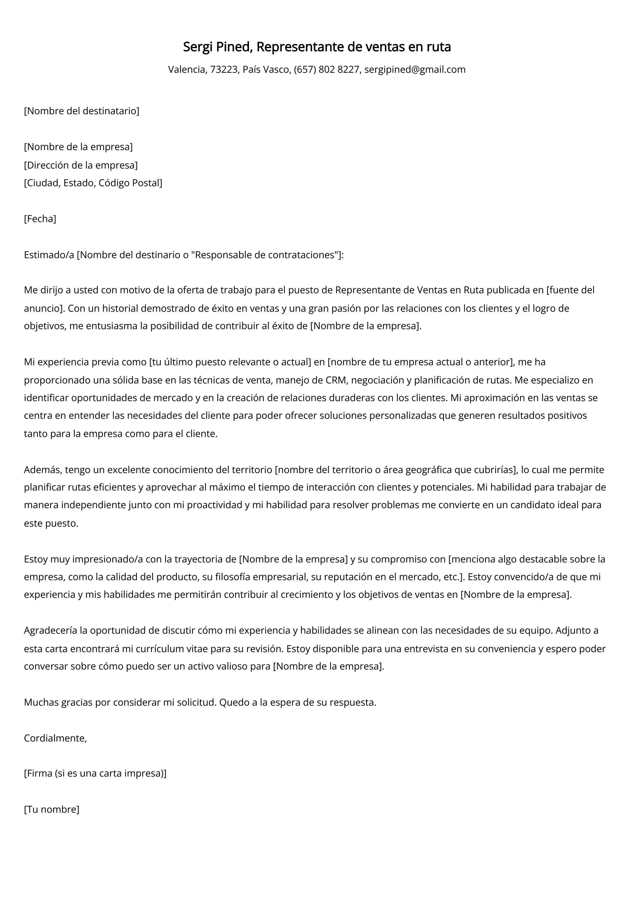 Representante de ventas en ruta Ejemplo de carta de presentación