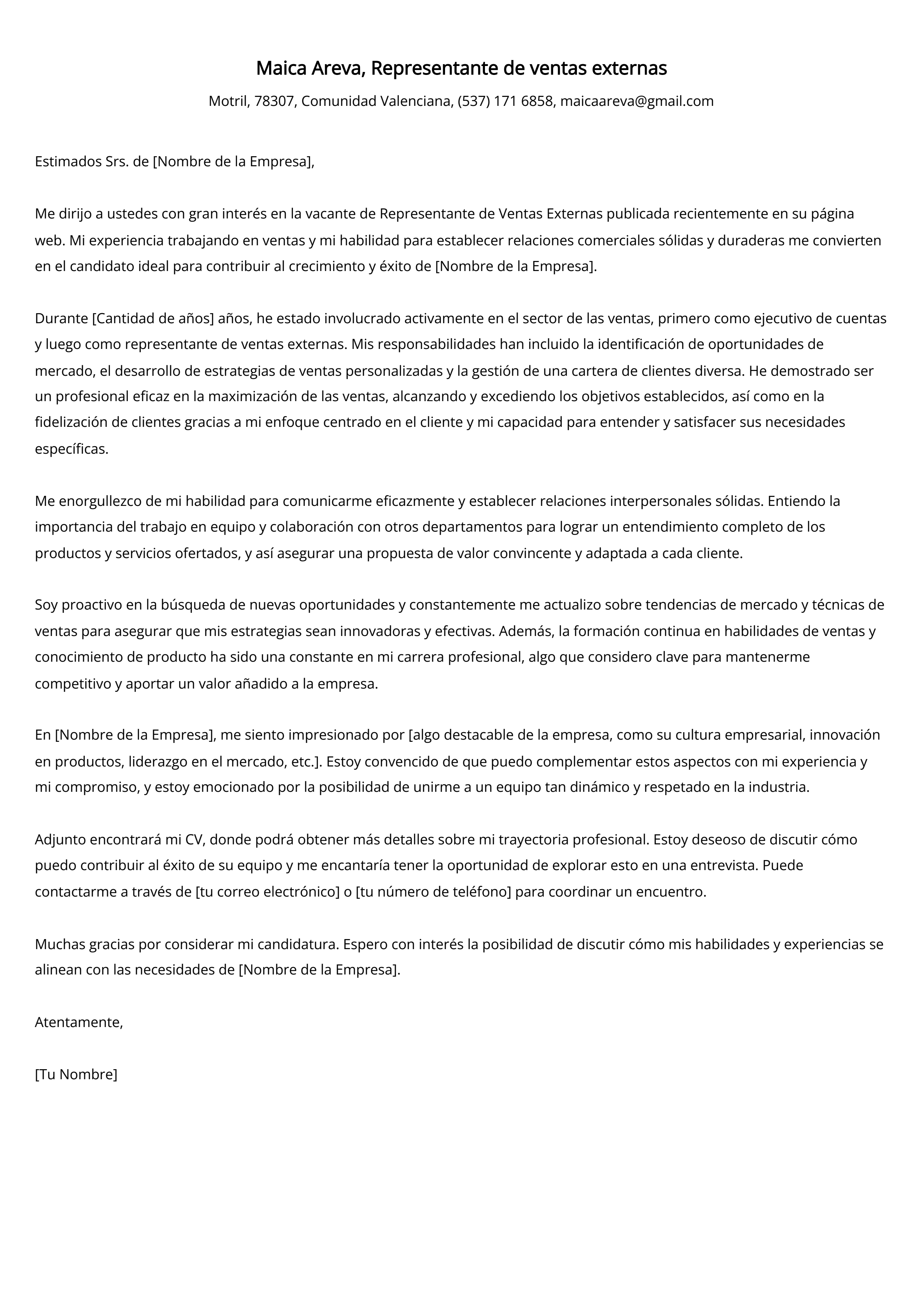 Representante de ventas externo Ejemplo de carta de presentación