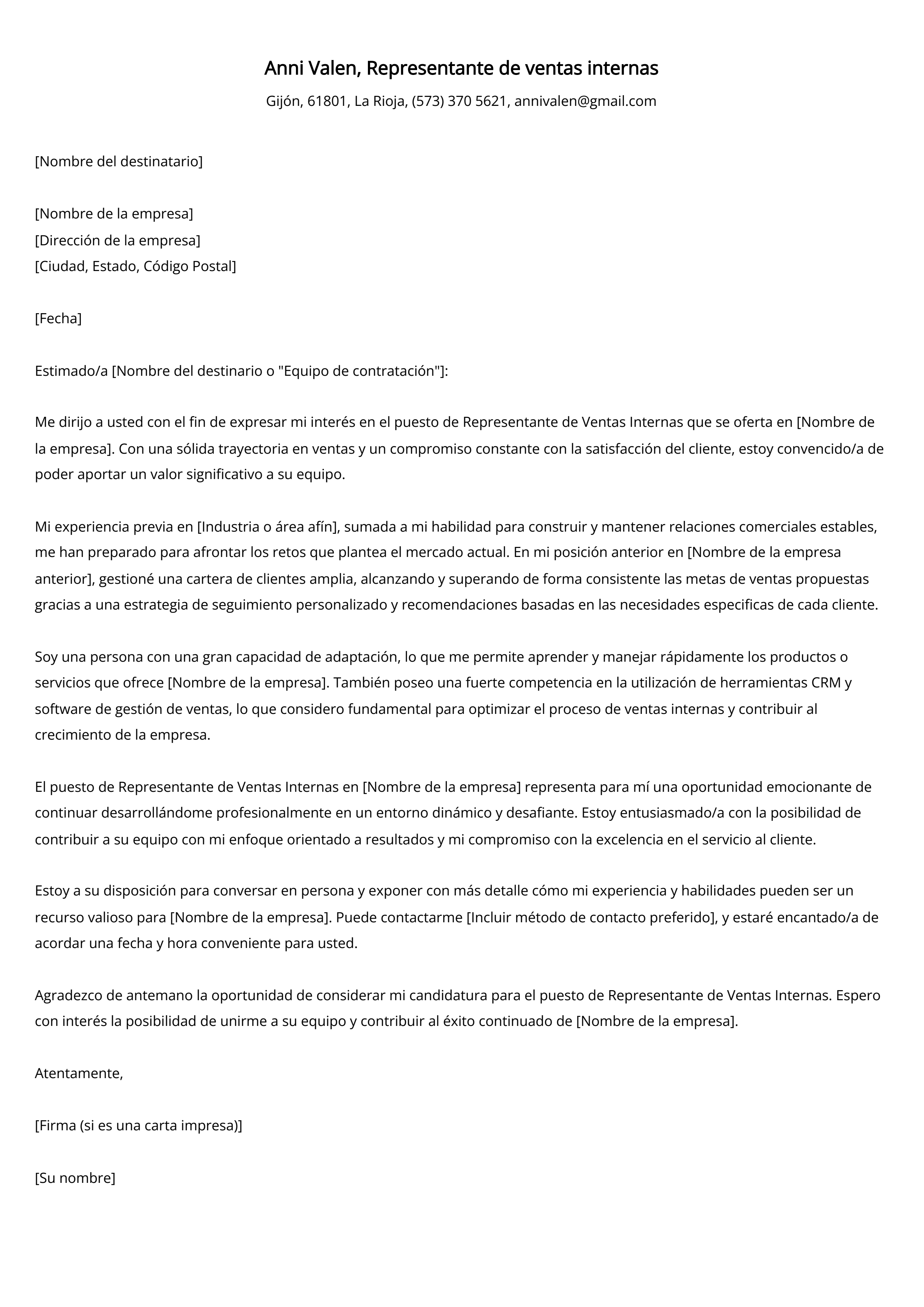 Representante de ventas interno Ejemplo de carta de presentación