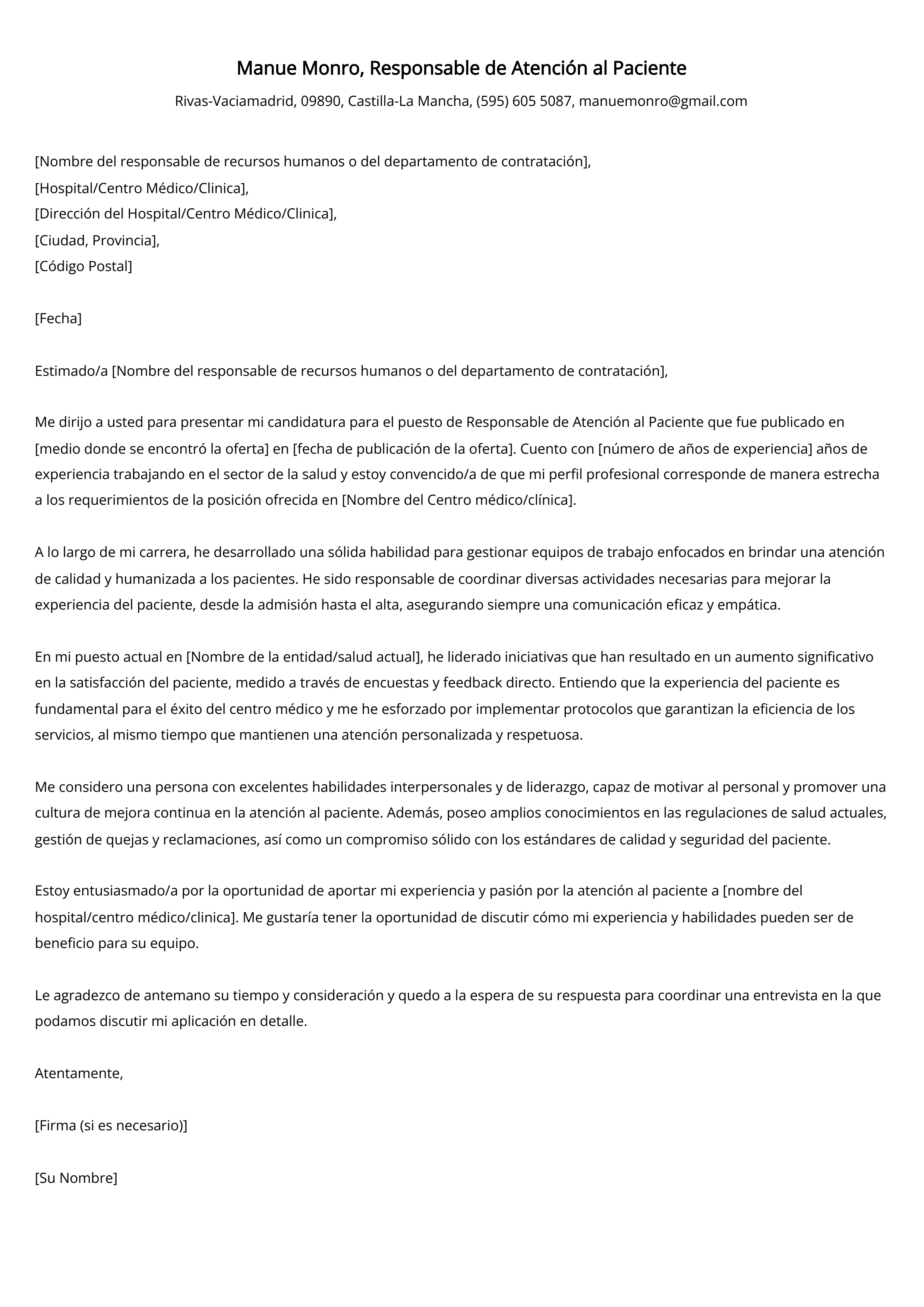 Responsable de Atención al Paciente Ejemplo de carta de presentación