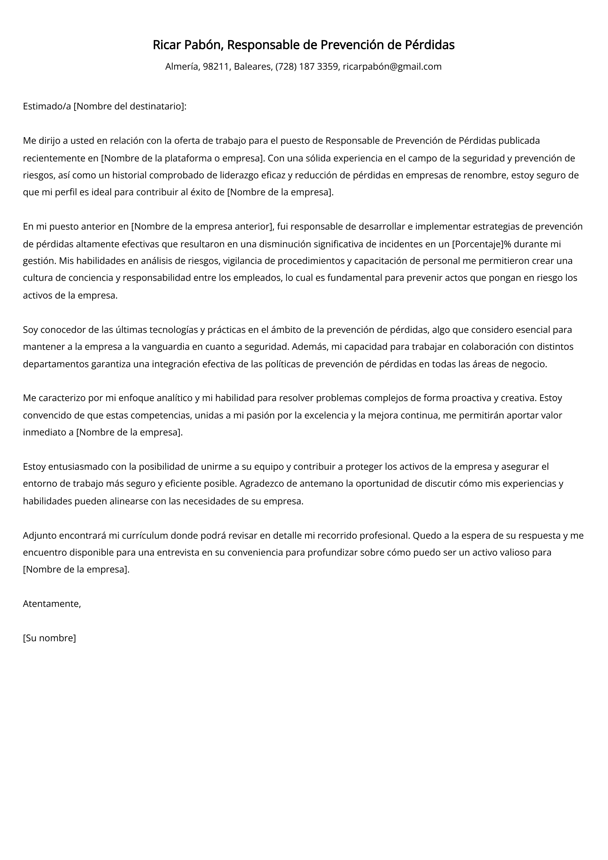 Responsable de Prevención de Pérdidas Ejemplo de carta de presentación