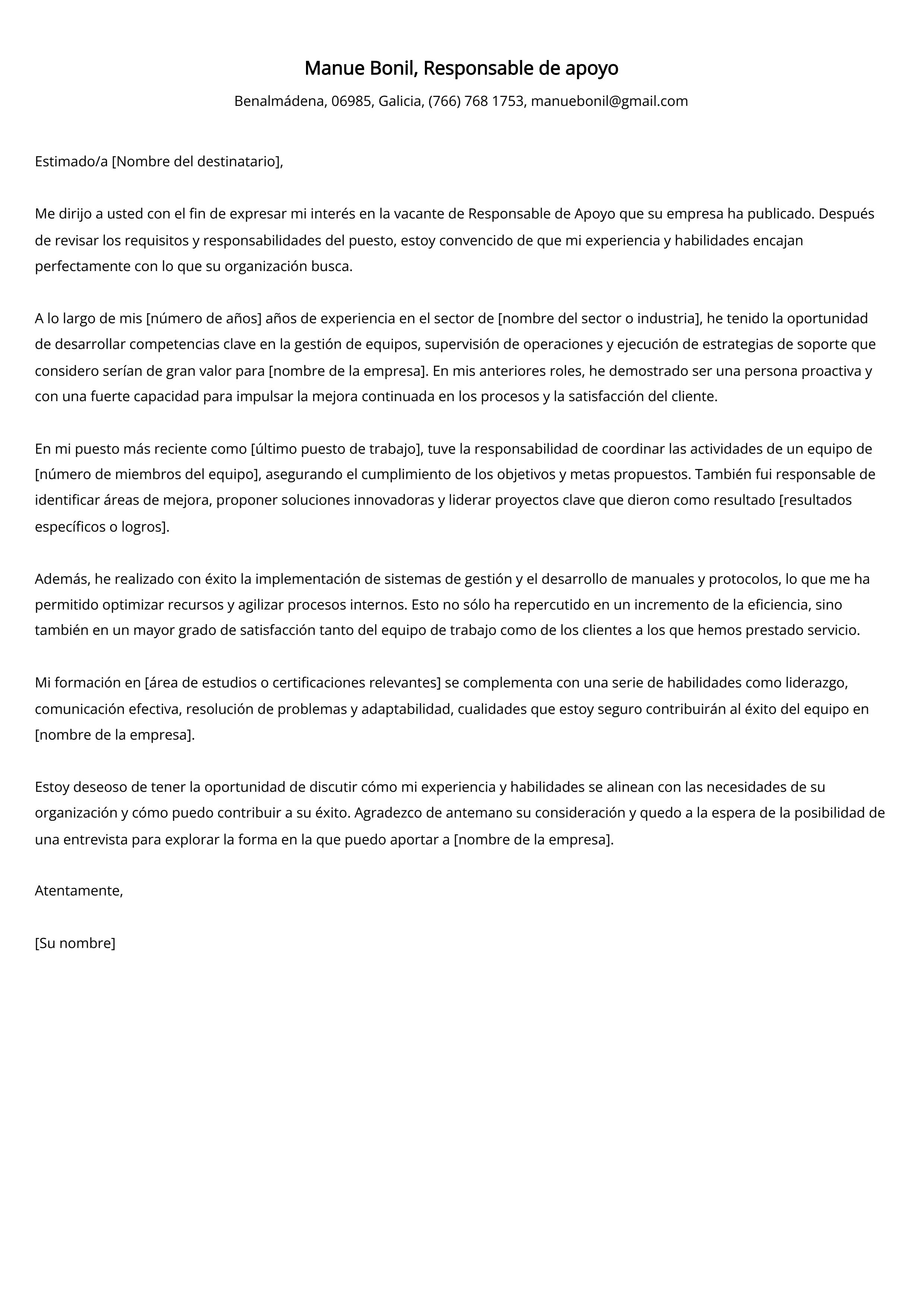 Responsable de apoyo Carta de presentación Ejemplo