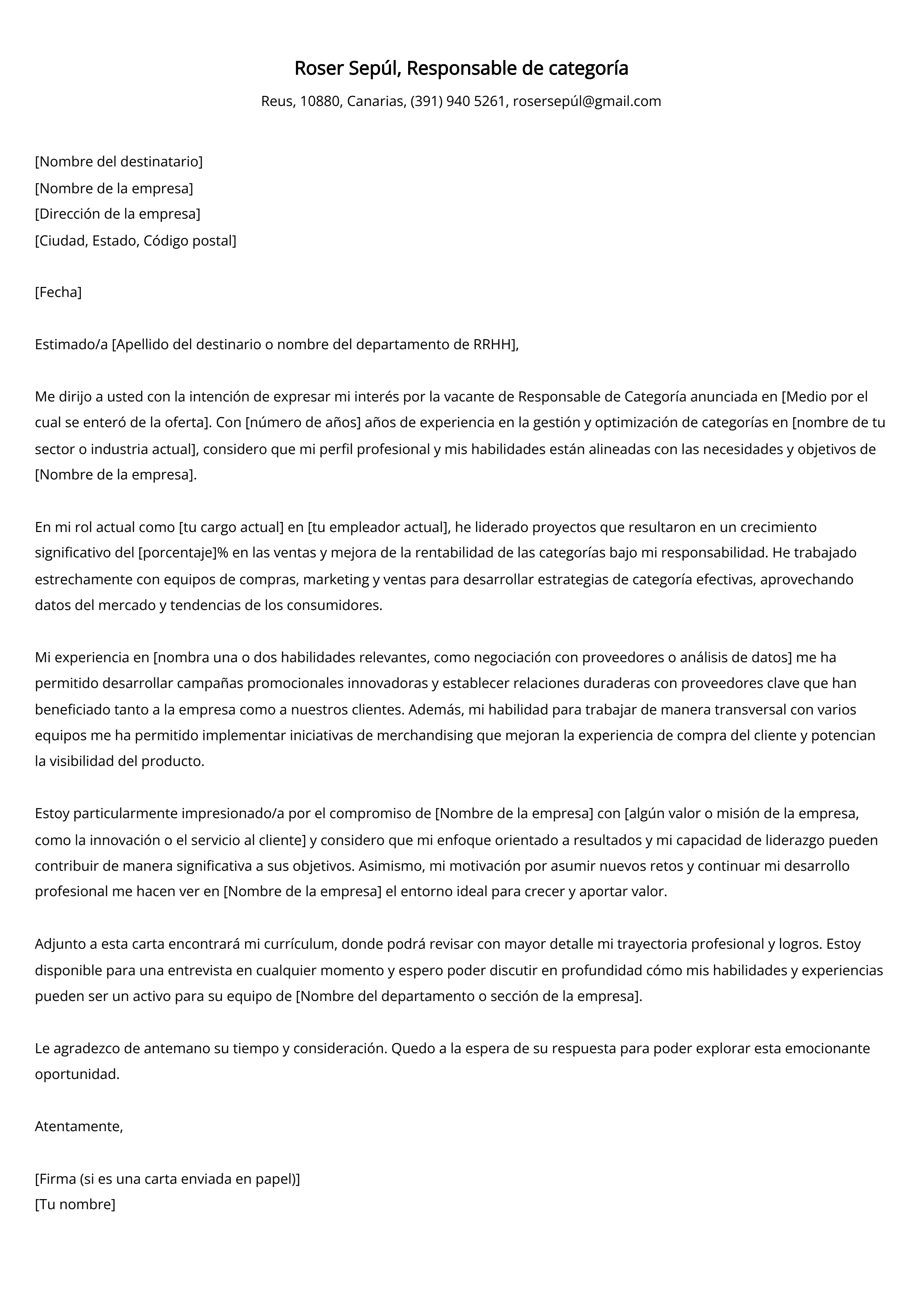 Responsable de categoría Carta de presentación Ejemplo