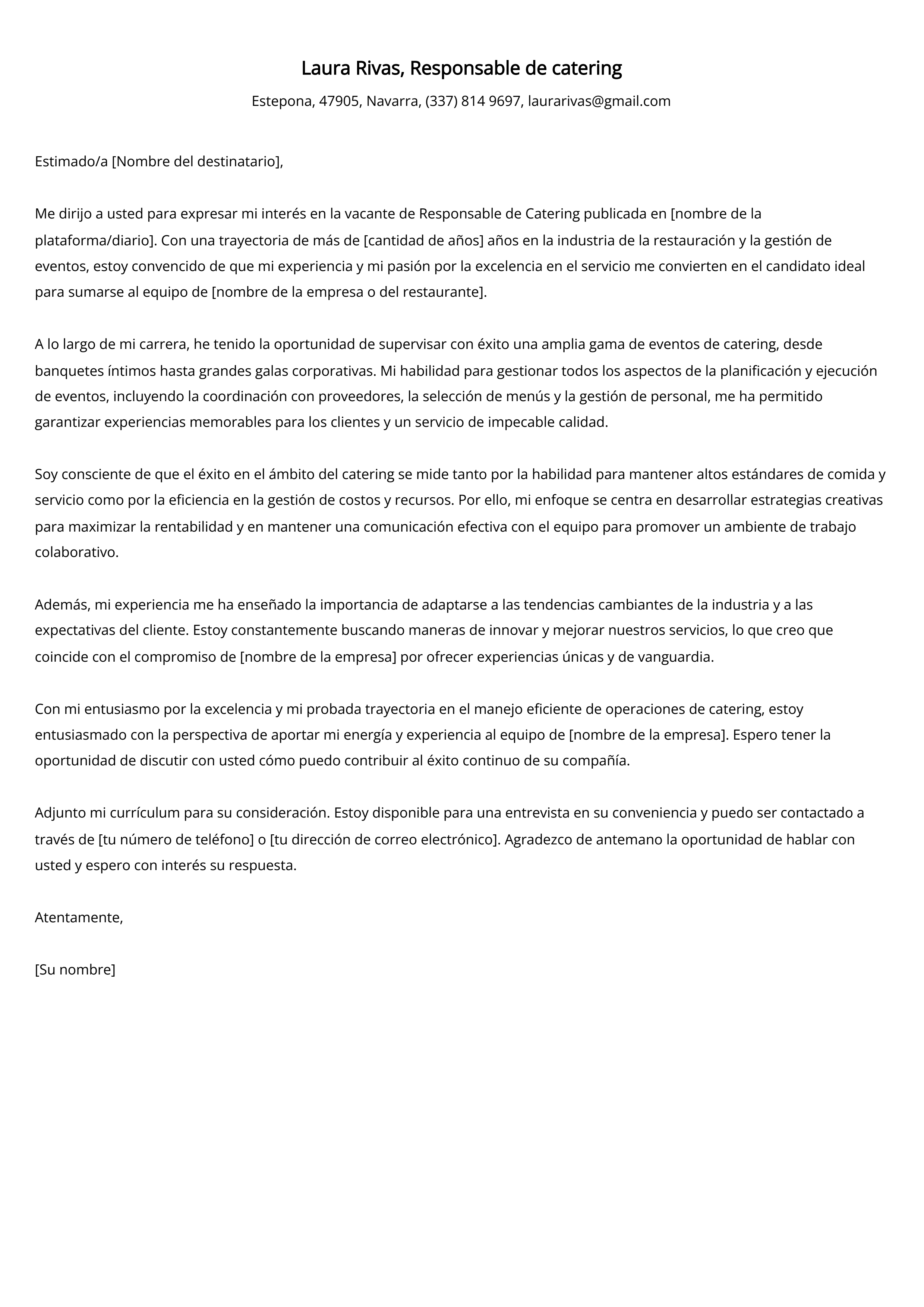 Responsable de catering Carta de presentación Ejemplo