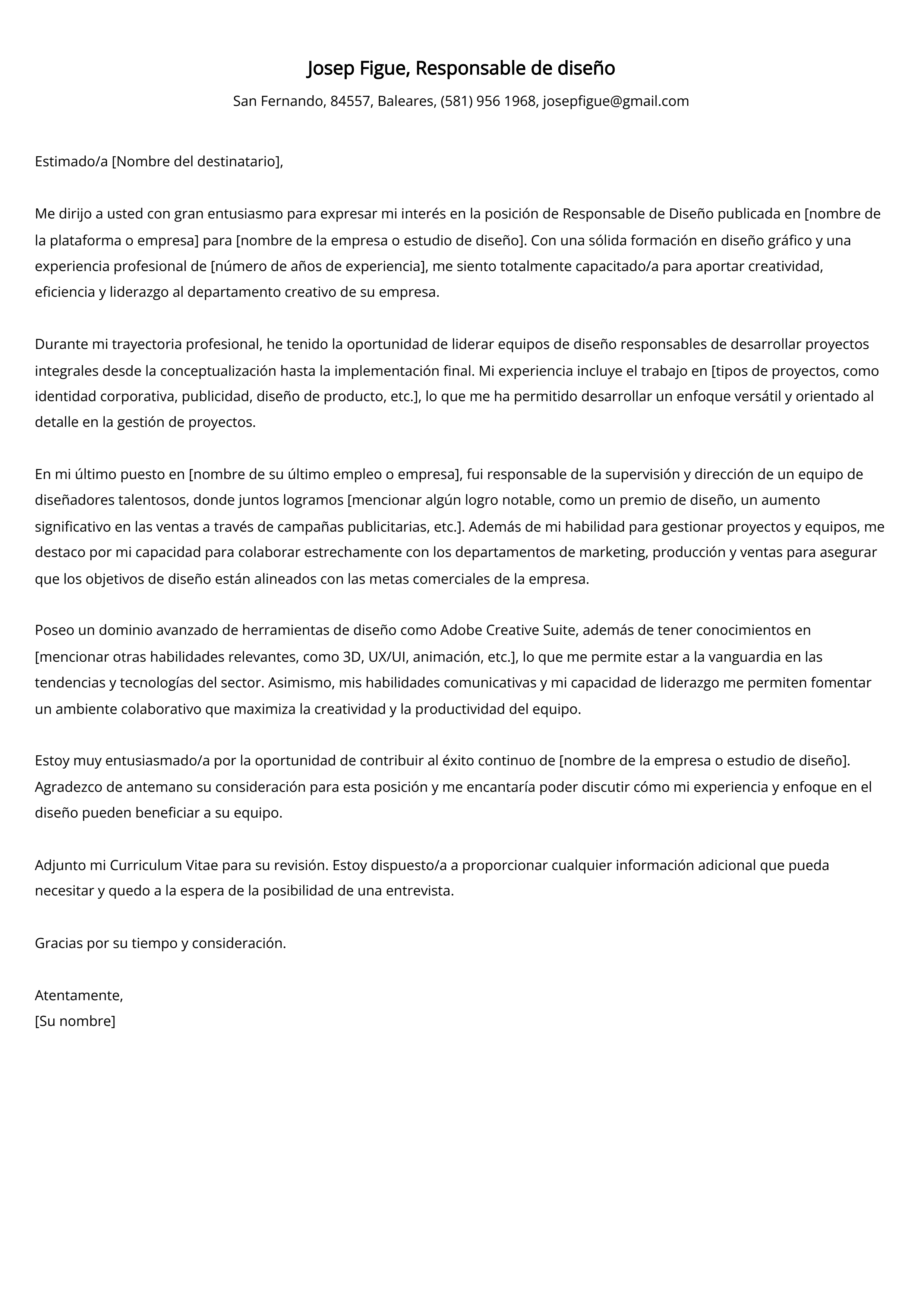 Responsable de diseño Carta de presentación Ejemplo