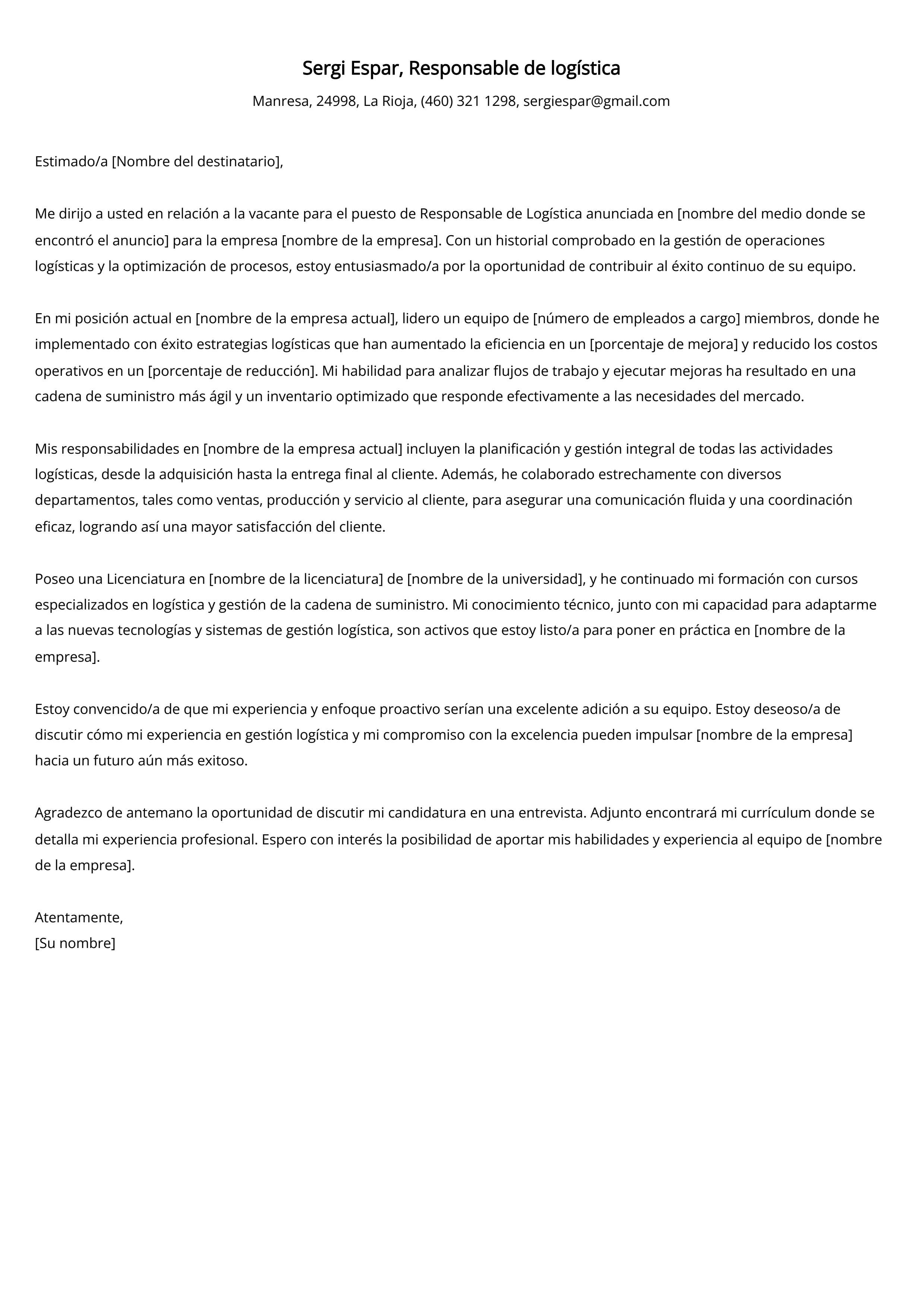 Responsable de logística Carta de presentación Ejemplo