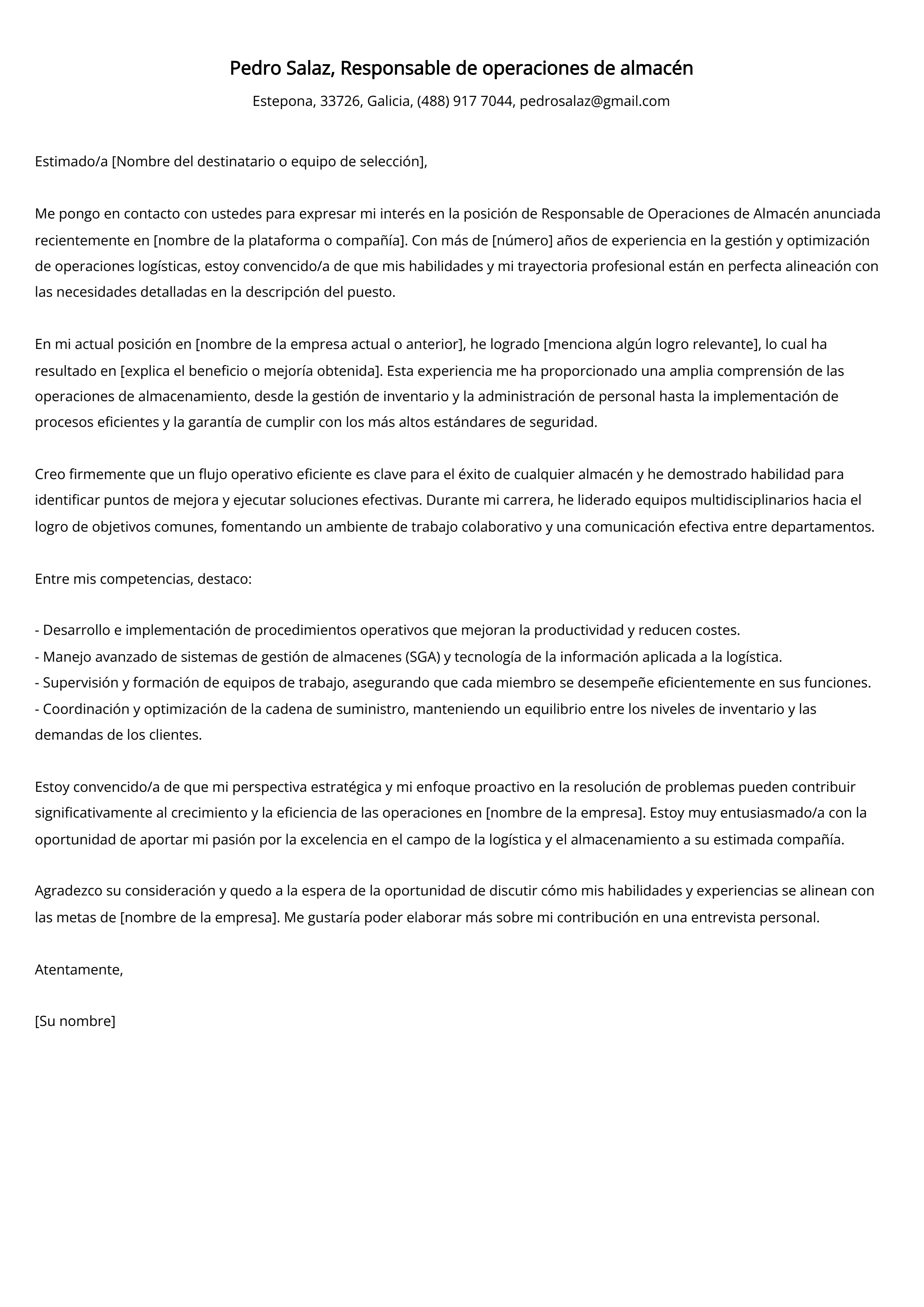 Responsable de operaciones de almacén Carta de presentación Ejemplo