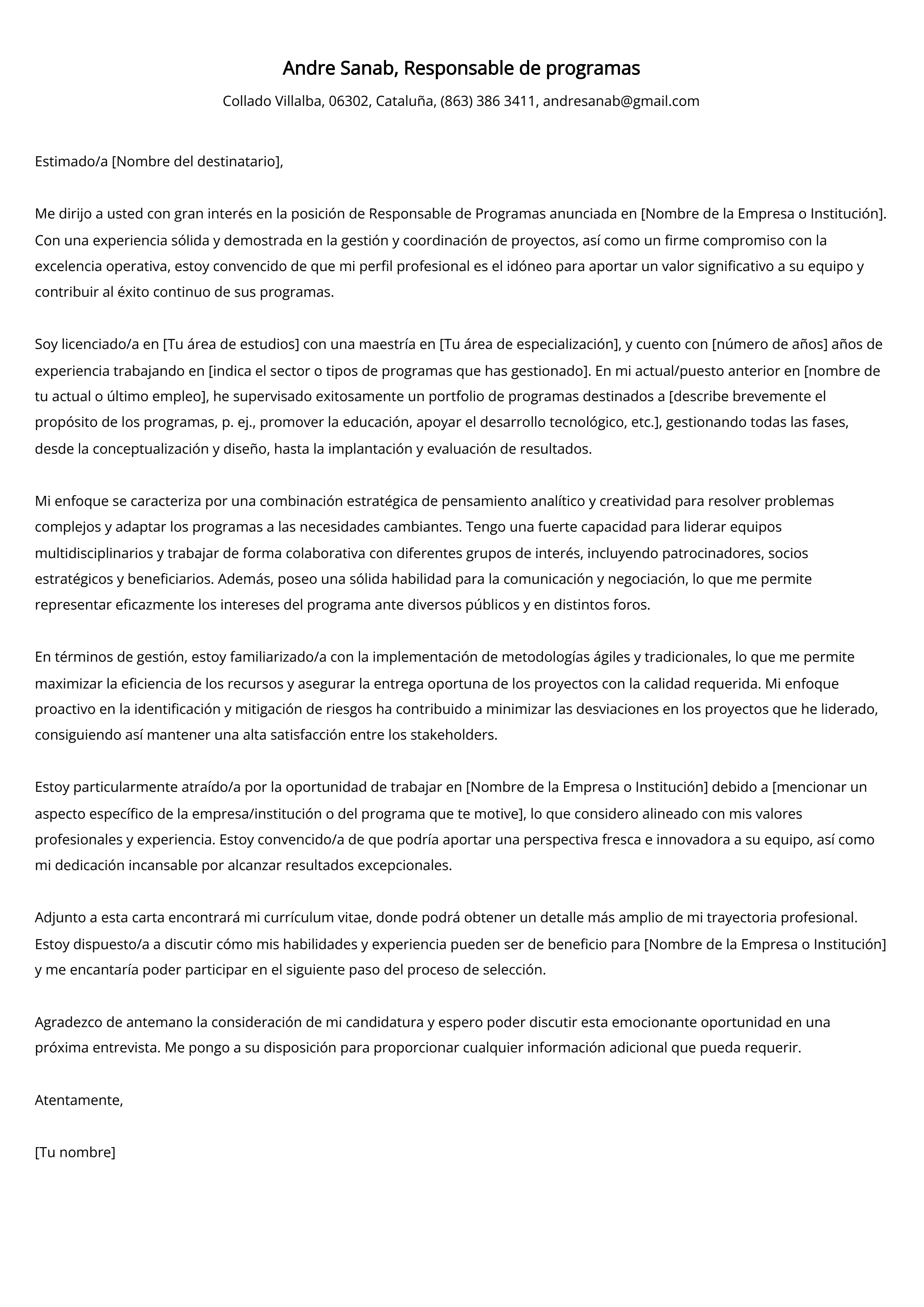 Responsable de programas Carta de presentación Ejemplo