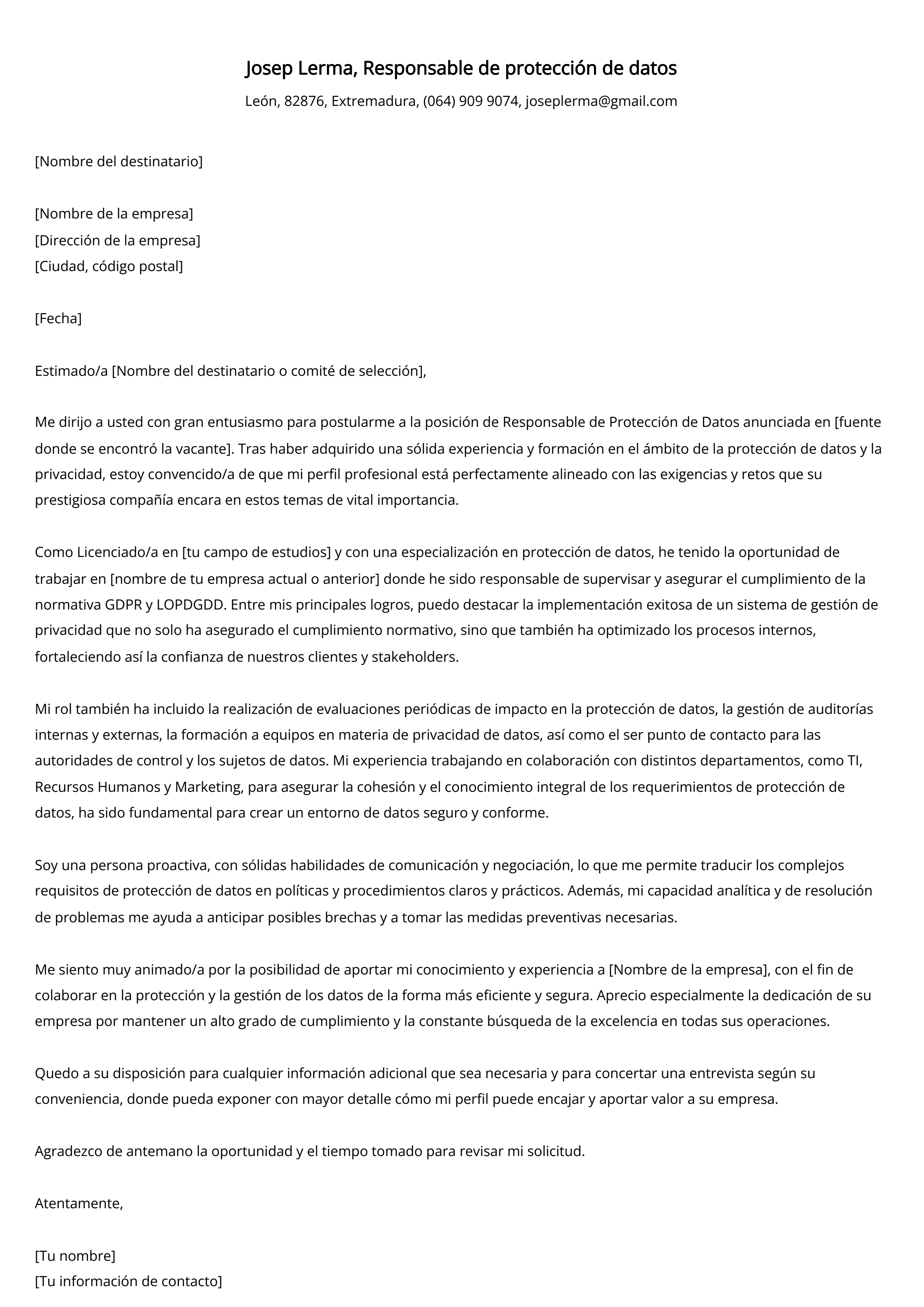 Responsable de protección de datos Cover Letter Example