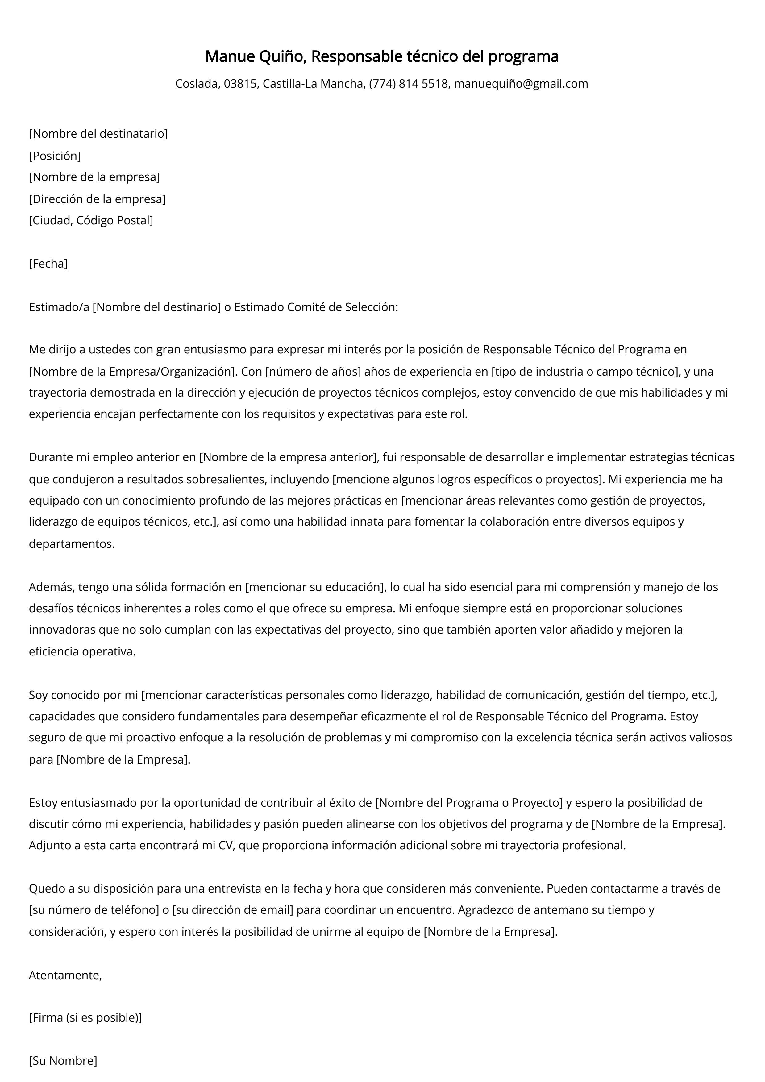 Responsable técnico del programa Carta de presentación Ejemplo