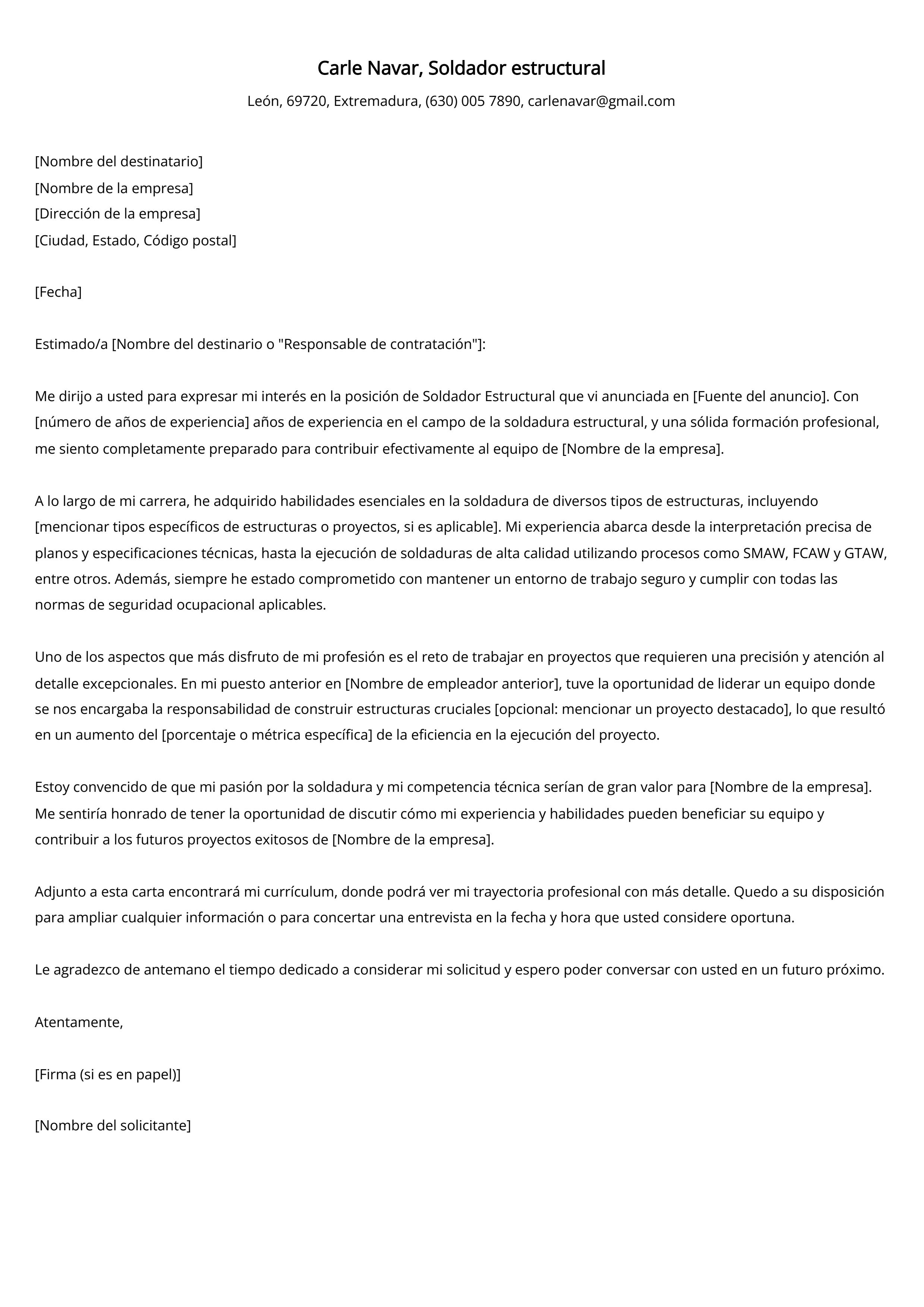 Soldador estructural Carta de presentación Ejemplo